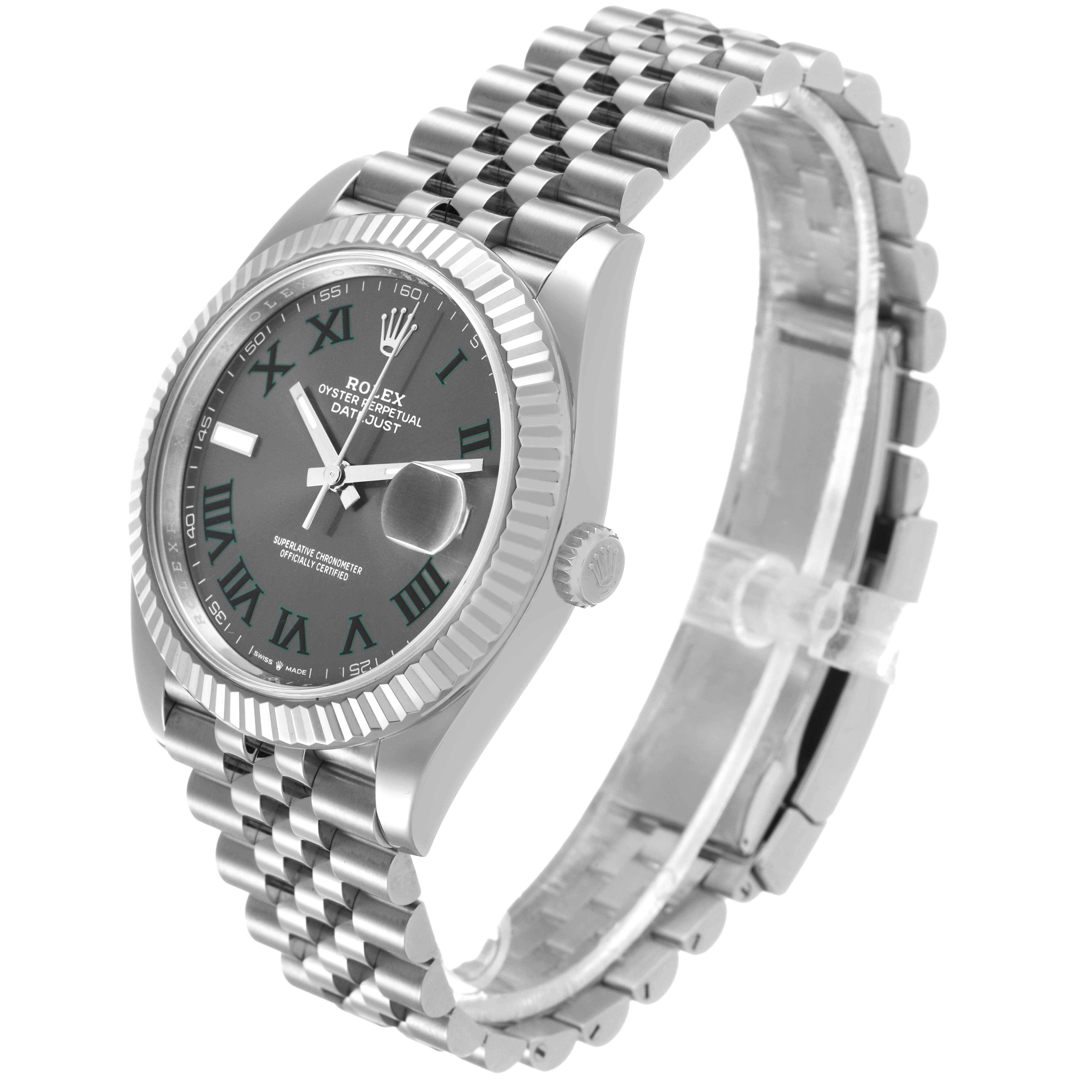 The Rolex Datejust 41 126334 Men's Stainless Steel Grey Dial is shown at an angled view, highlighting the dial, bezel, case, and Jubilee bracelet.