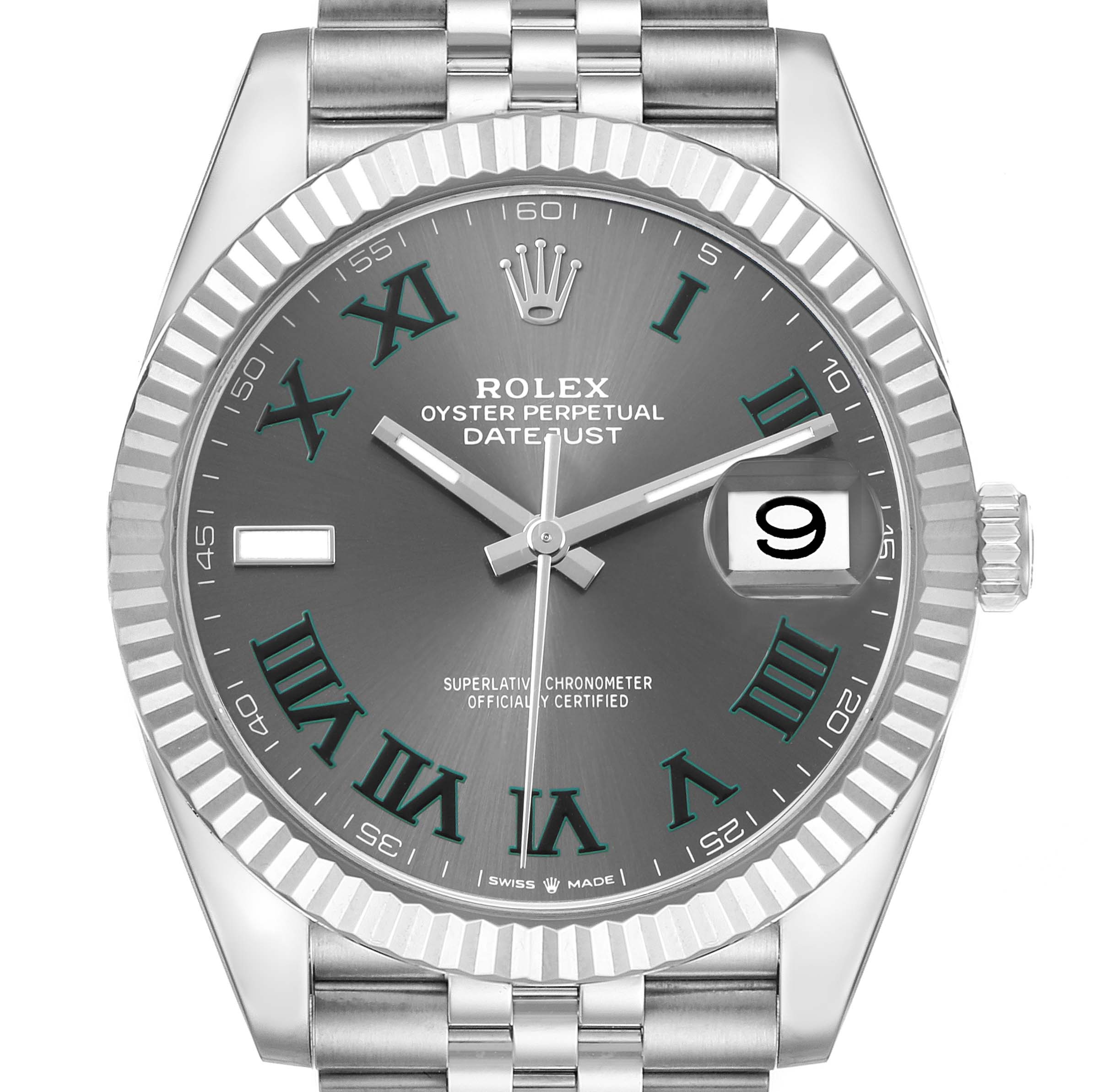 The Rolex Datejust 41 126334 Men's Stainless Steel Grey Dial is shown from the front, highlighting the dial, Roman numerals, fluted bezel, and Jubilee bracelet.