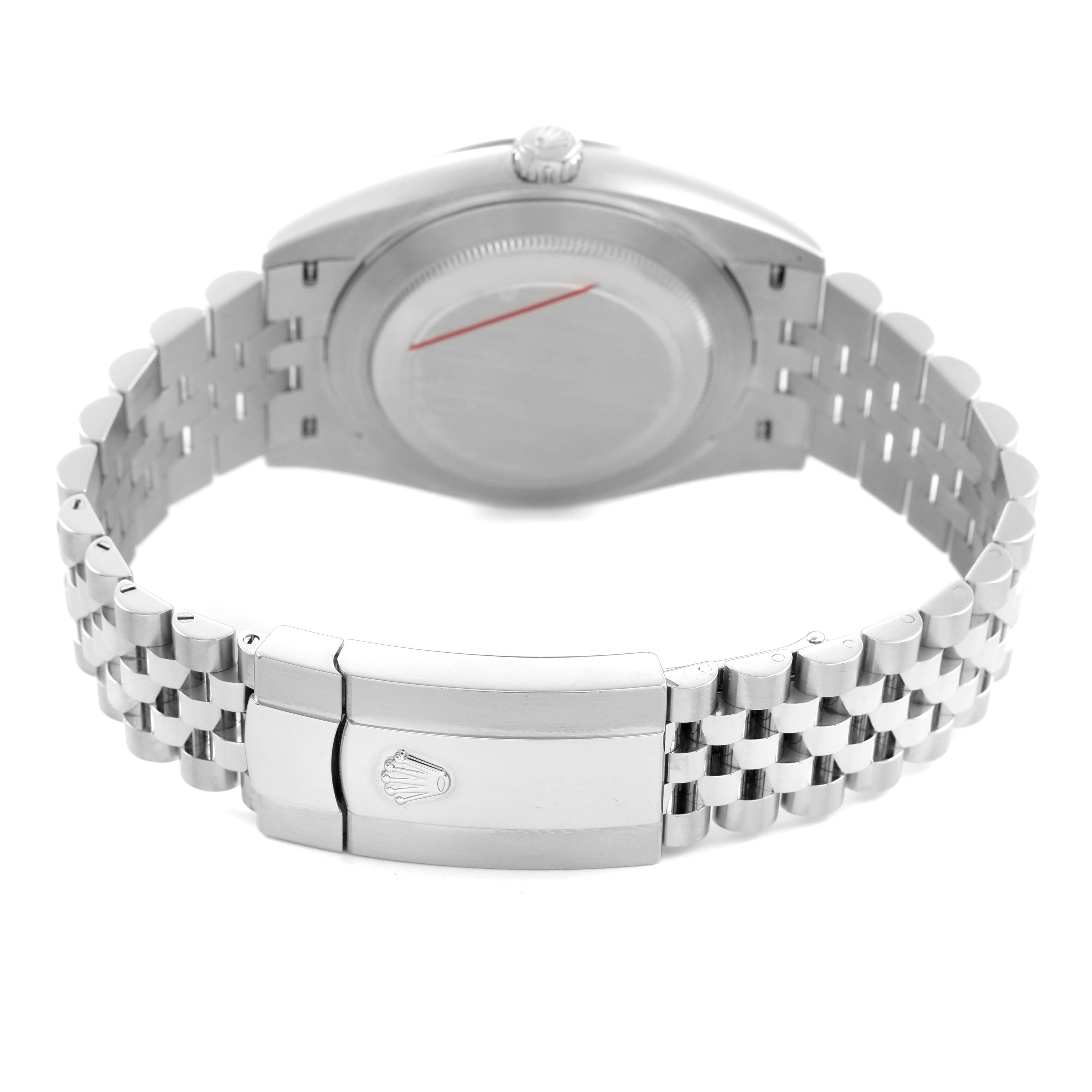 The image shows the Rolex Datejust 41 126334 Men's Stainless Steel Grey Dial from the back, highlighting the case back, crown, and Jubilee bracelet with clasp.