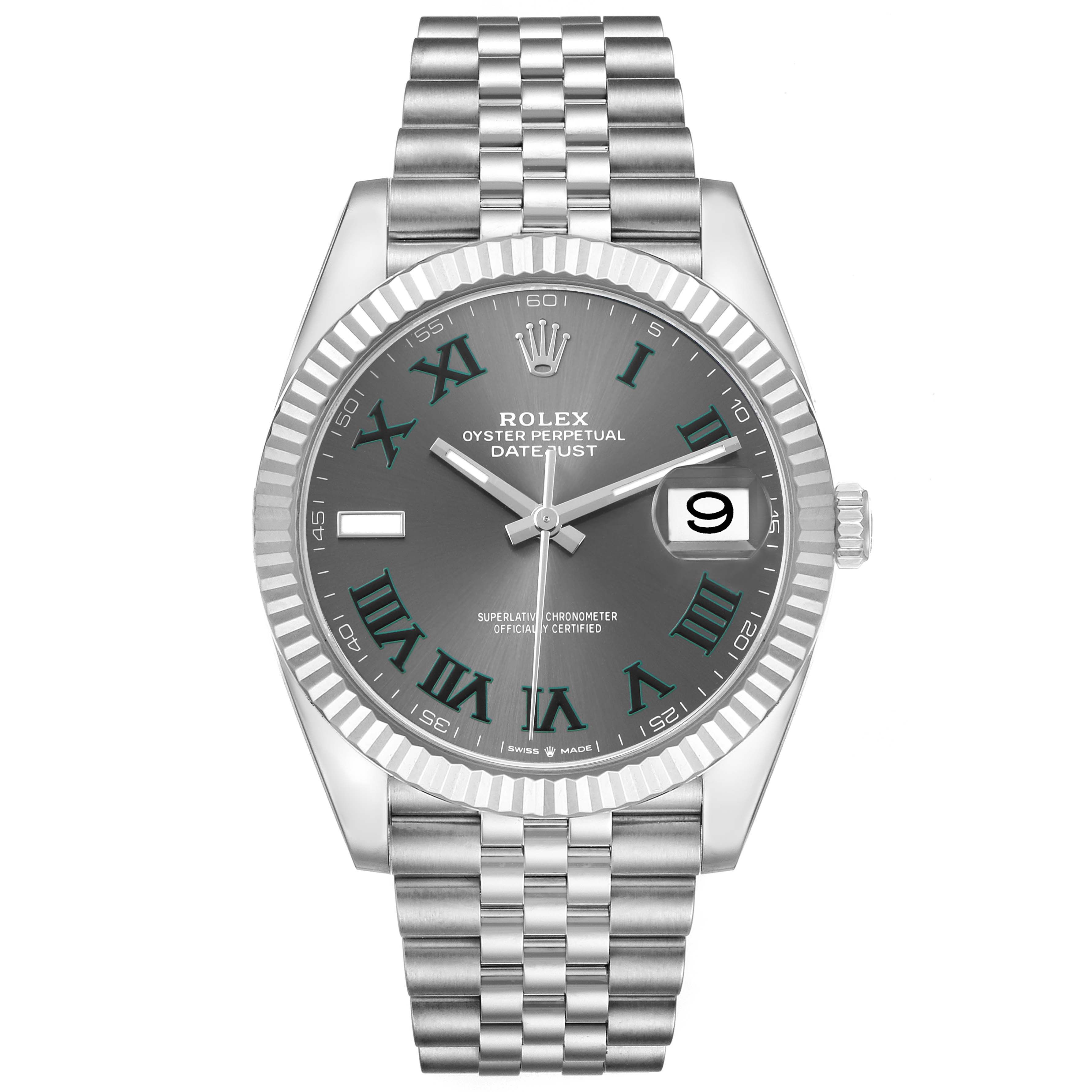 The Rolex Datejust 41 126334 Men's Stainless Steel Grey Dial watch is shown from the front, highlighting the dial, bezel, and Jubilee bracelet.