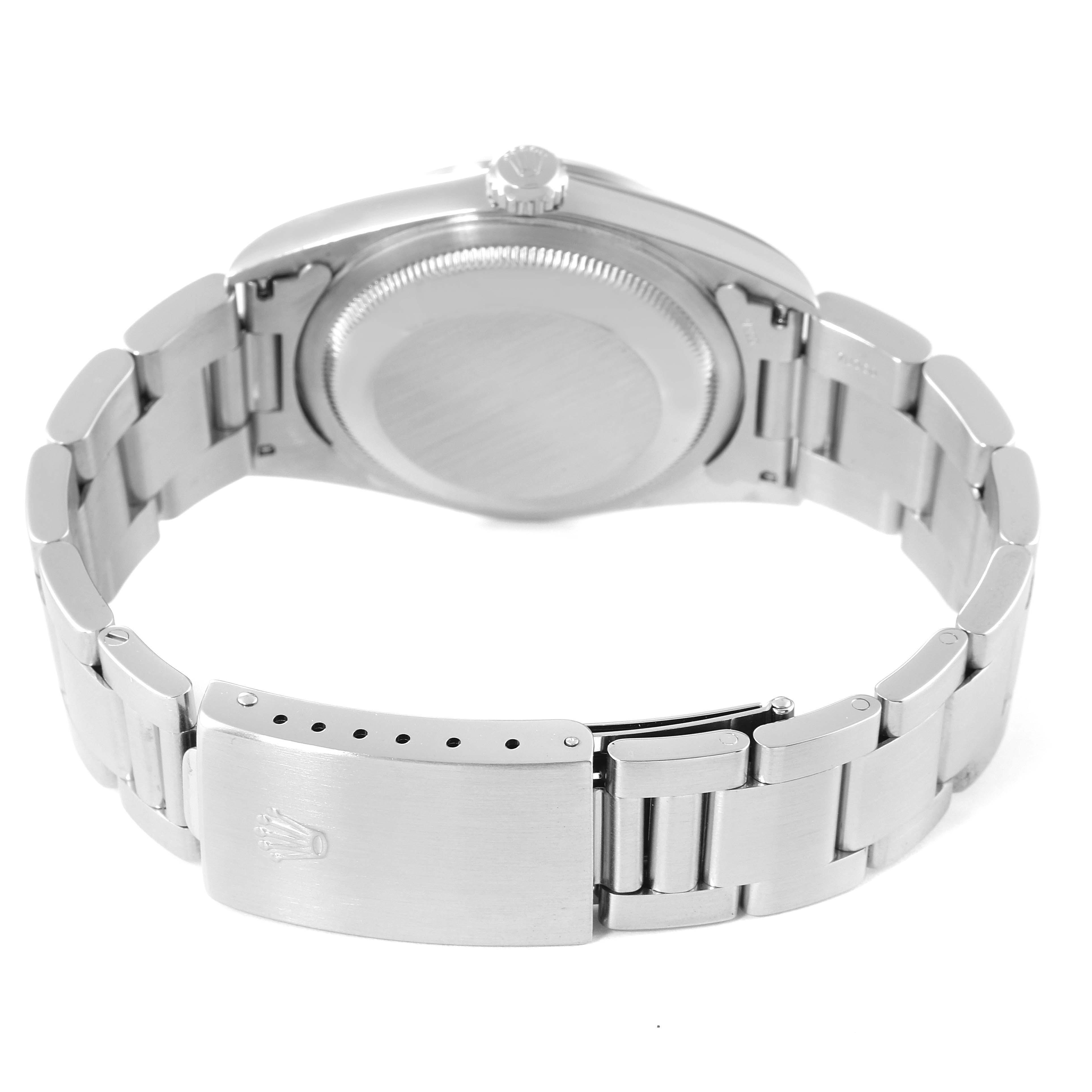 This image shows the back view of a Rolex Datejust 16200 Men's Stainless Steel Blue Dial 16200 Men's Stainless Steel Blue Dial watch, including the case back and the bracelet clasp.