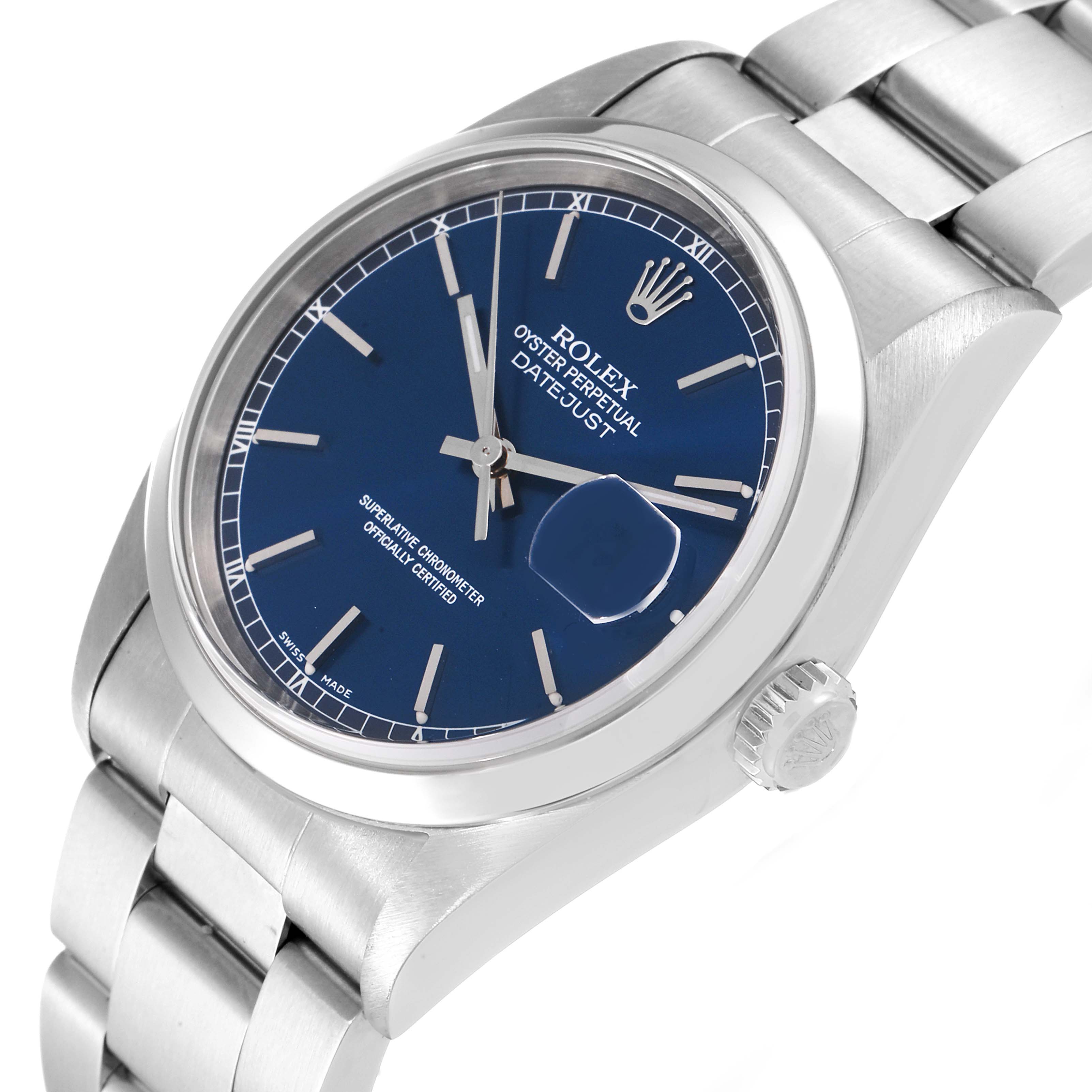 The image shows a Rolex Datejust 16200 Men's Stainless Steel Blue Dial 16200 Men's Stainless Steel Blue Dial watch at a slight angle, highlighting the face, crown, and part of the bracelet.