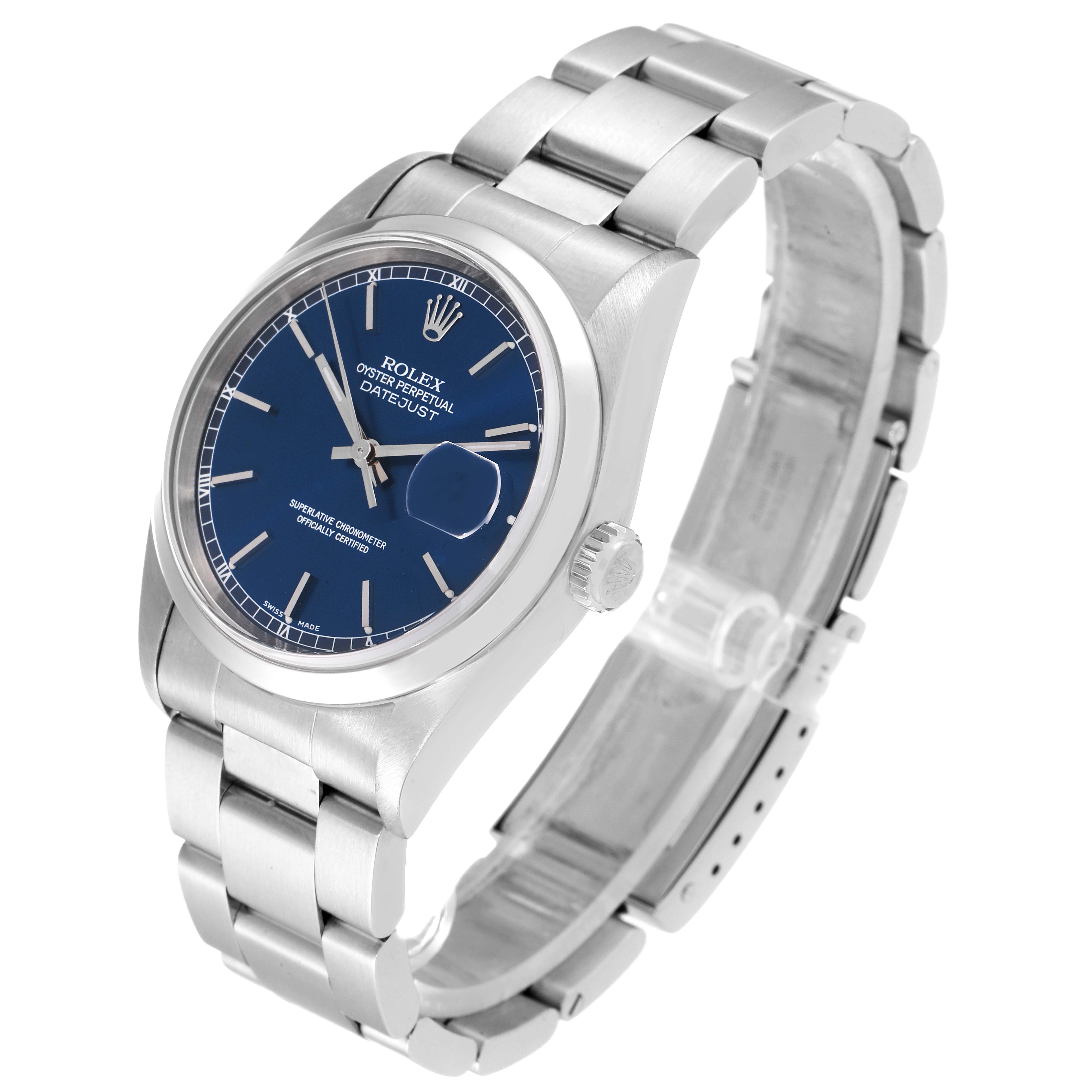 This image shows a Rolex Datejust 16200 Men's Stainless Steel Blue Dial 16200 Men's Stainless Steel Blue Dial model watch from an angled side view, highlighting the blue dial, bracelet, and crown.