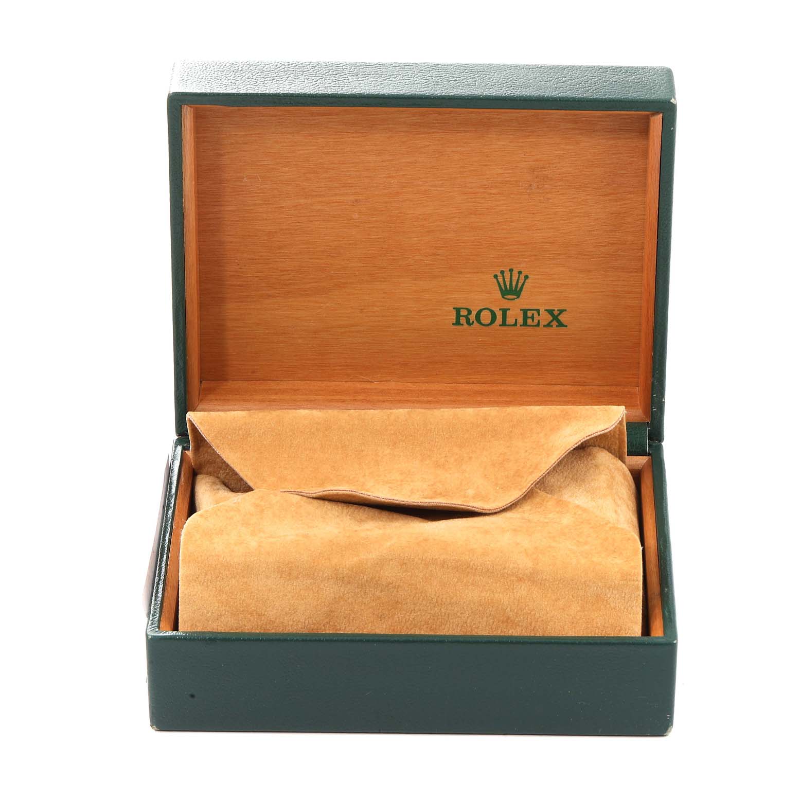 The image shows a Rolex Datejust 16200 Men's Stainless Steel Blue Dial 16200 Men's Stainless Steel Blue Dial watch display box with a brown suede pouch, viewed from the front.