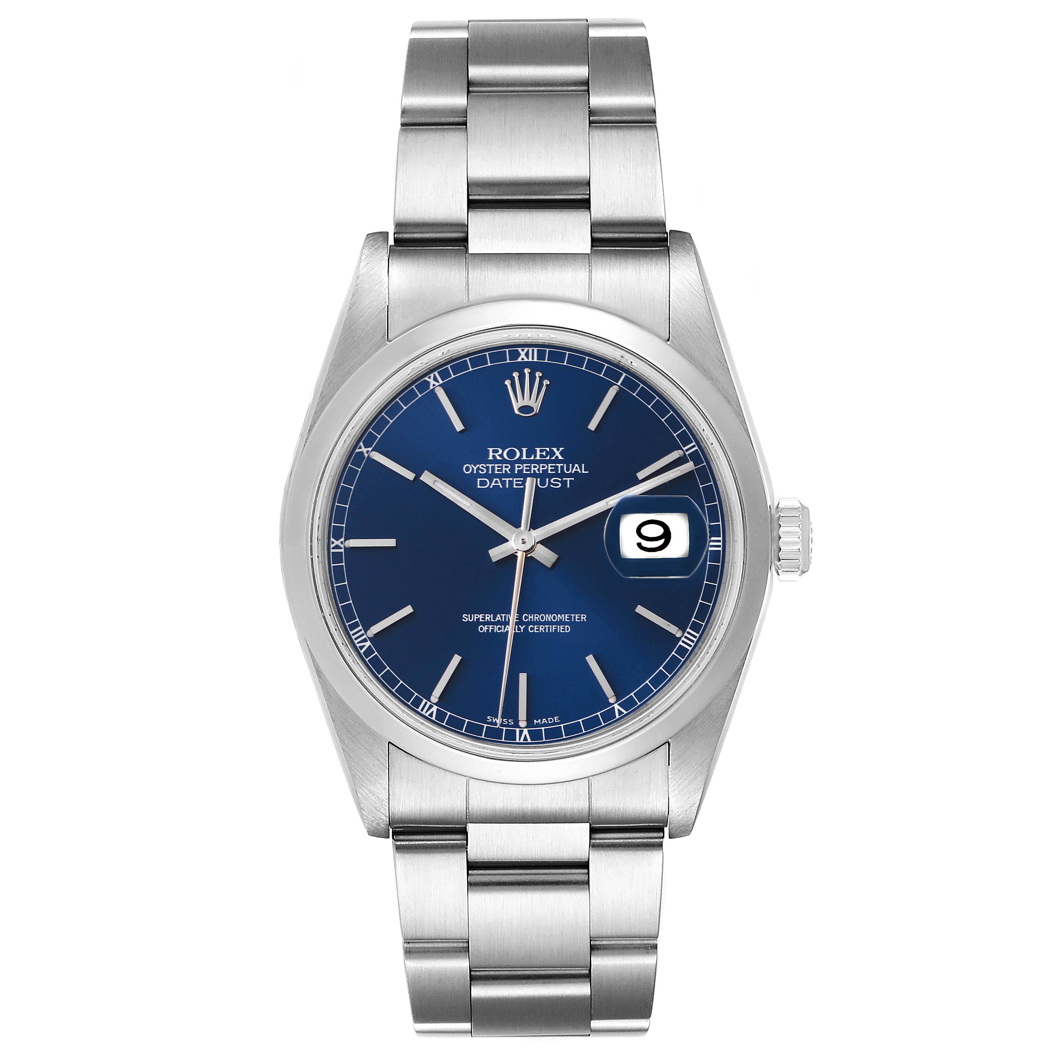 The image shows a front view of a Rolex Datejust 16200 Men's Stainless Steel Blue Dial 16200 Men's Stainless Steel Blue Dial watch with a blue dial and silver bracelet.