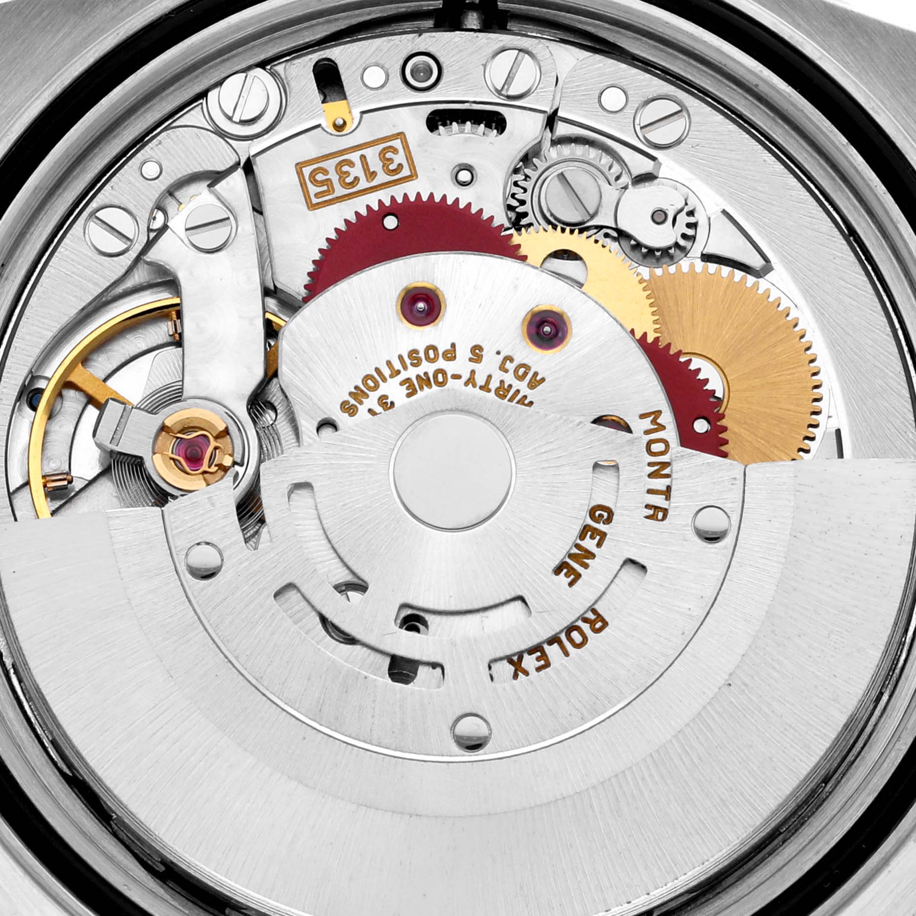 This image shows a close-up of the movement and internal mechanisms of a Rolex Datejust 16233G Men's Steel and Gold (two tone) Black Dial 16233G Men's Steel and Gold (two tone) Black Dial watch.