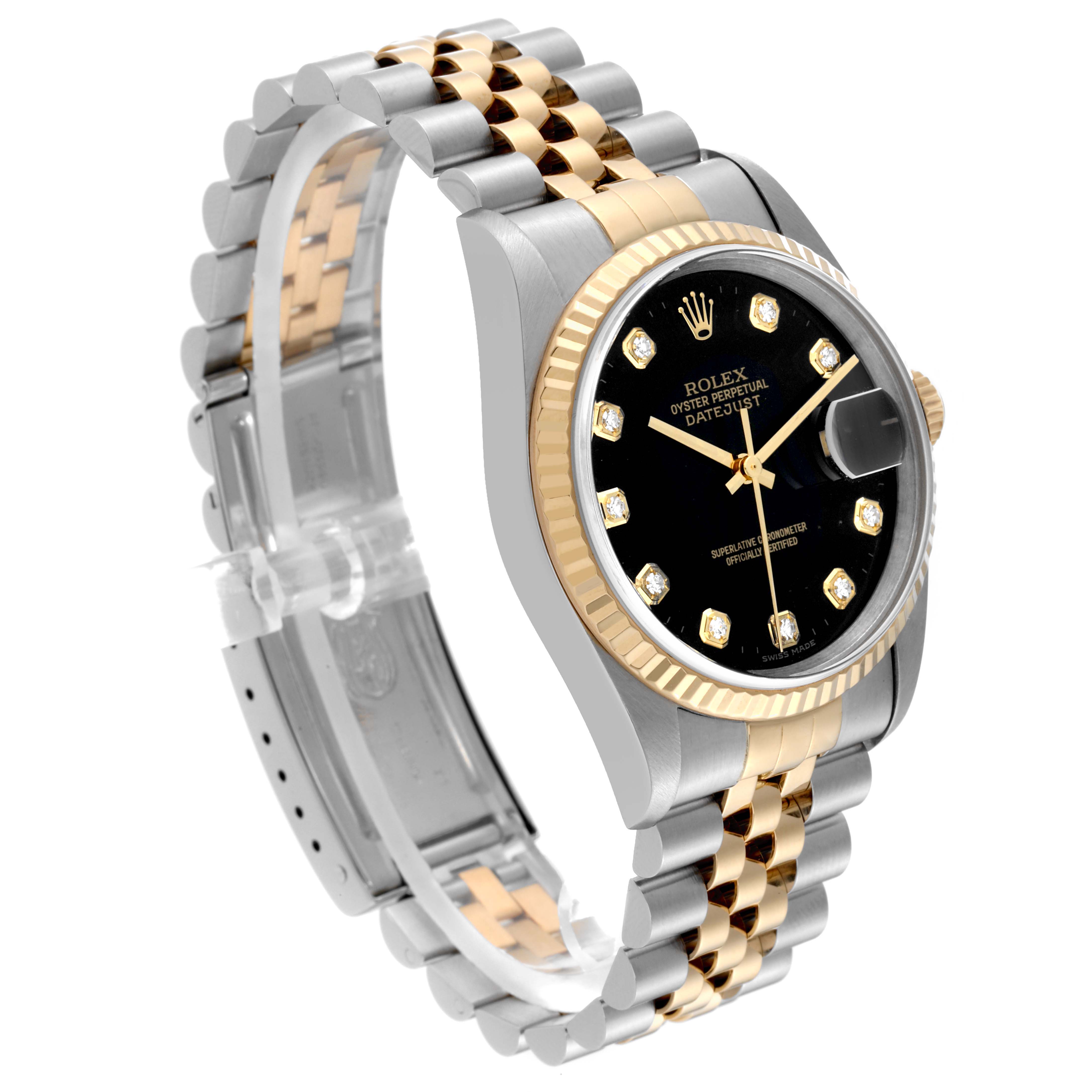 The image shows a Rolex Datejust 16233G Men's Steel and Gold (two tone) Black Dial 16233G Men's Steel and Gold (two tone) Black Dial watch at a slight side angle, highlighting its two-tone bracelet, black dial, gold markers, and fluted bezel.