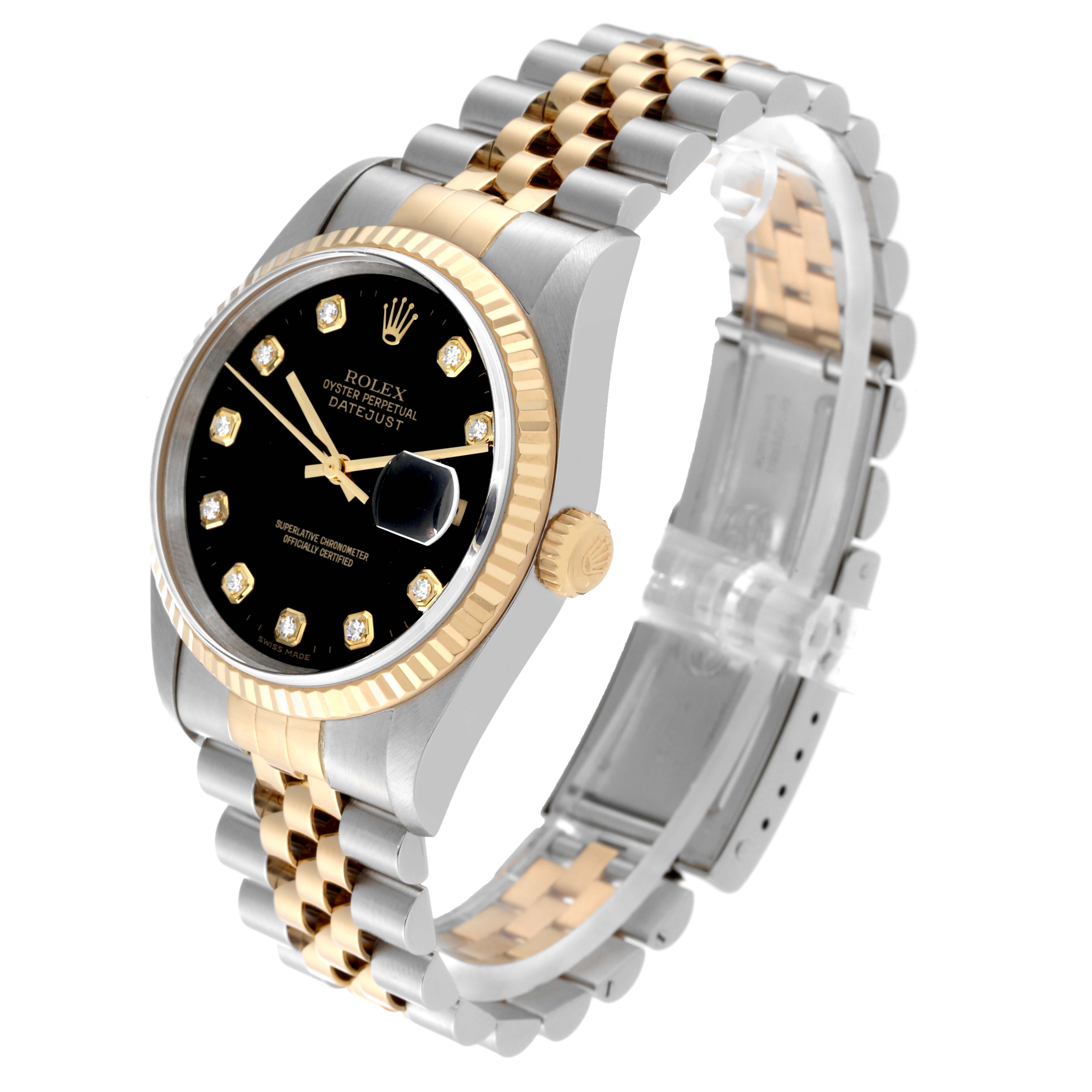The image shows a Rolex Datejust 16233G Men's Steel and Gold (two tone) Black Dial 16233G Men's Steel and Gold (two tone) Black Dial watch at a three-quarter angle, highlighting its black dial, gold bezel, and two-tone bracelet.