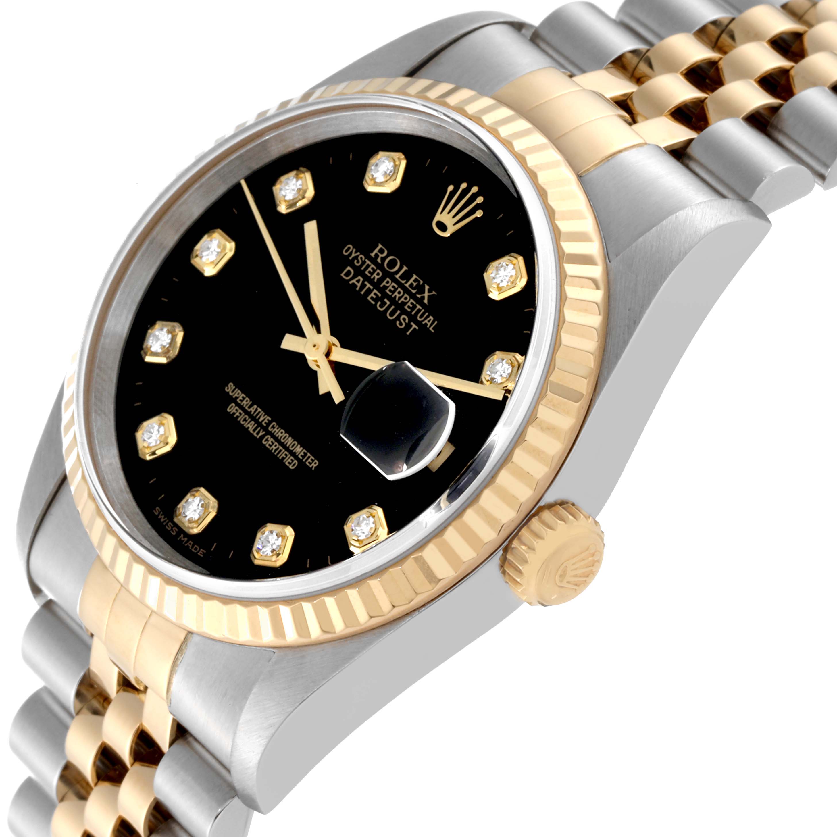 This Rolex Datejust 16233G Men's Steel and Gold (two tone) Black Dial 16233G Men's Steel and Gold (two tone) Black Dial watch is shown from a slightly angled top view, featuring the black dial, diamond hour markers, bezel, and part of the bracelet.