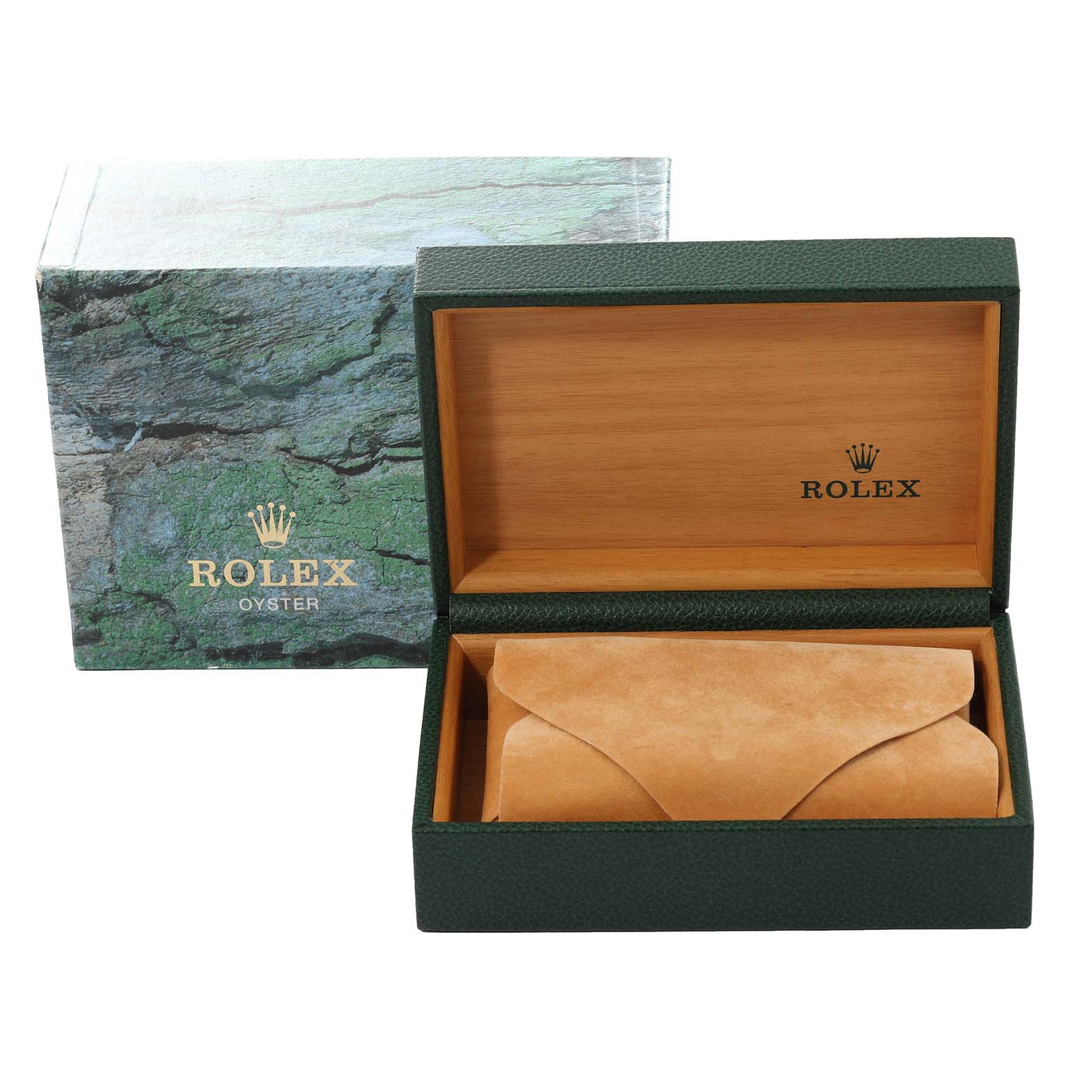 This image shows the open box and packaging of a Rolex Datejust 16233G Men's Steel and Gold (two tone) Black Dial 16233G Men's Steel and Gold (two tone) Black Dial model, including the case and brown suede pouch.