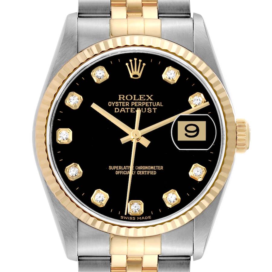 Rolex Datejust Diamond Dial Steel Yellow Gold Black Dial Mens Watch 16233 SwissWatchExpo