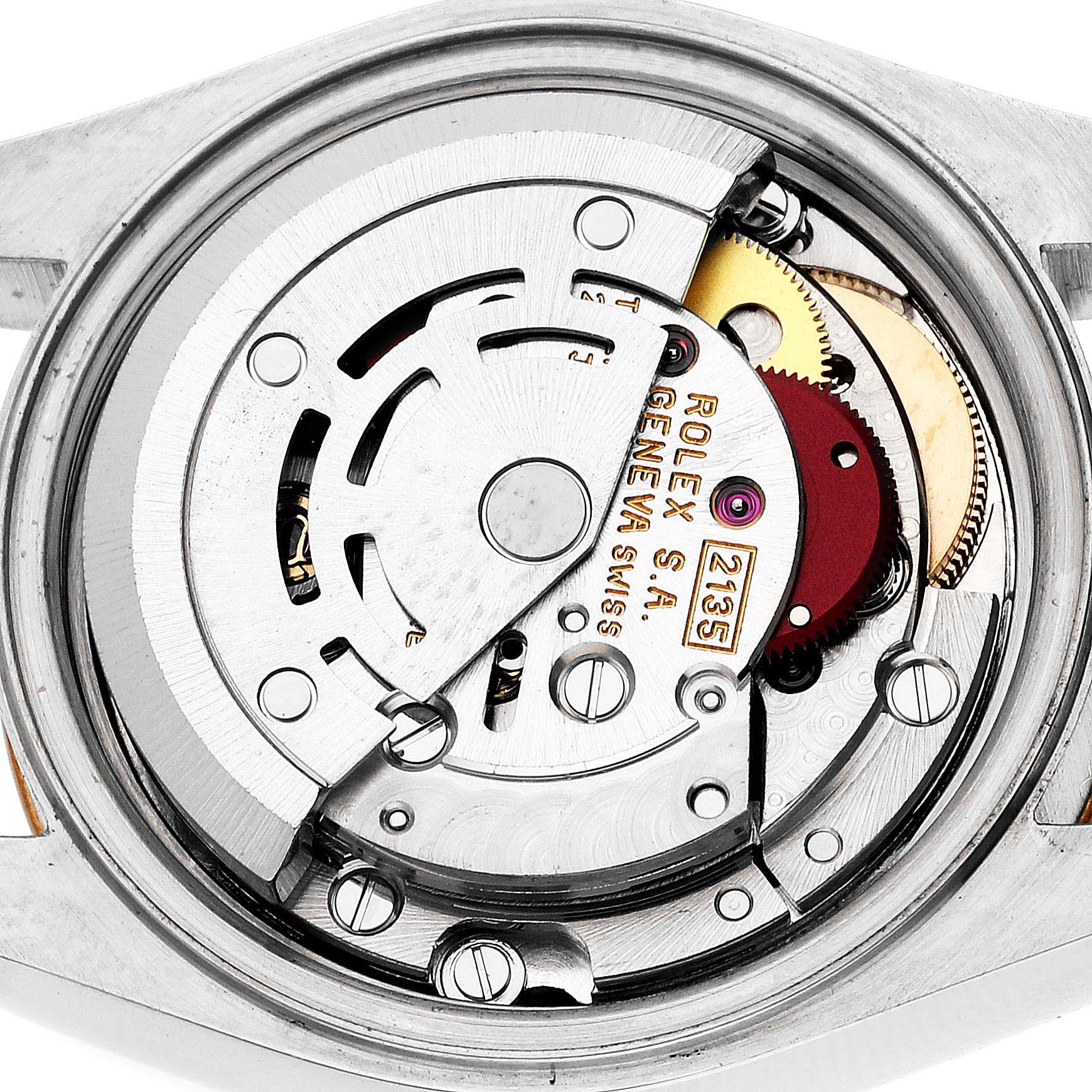 The image shows a close-up of the inner mechanical movement of a Rolex Datejust 69173 Women's Steel and Gold (two tone) Blue Dial 69173 Women's Steel and Gold (two tone) Blue Dial watch.