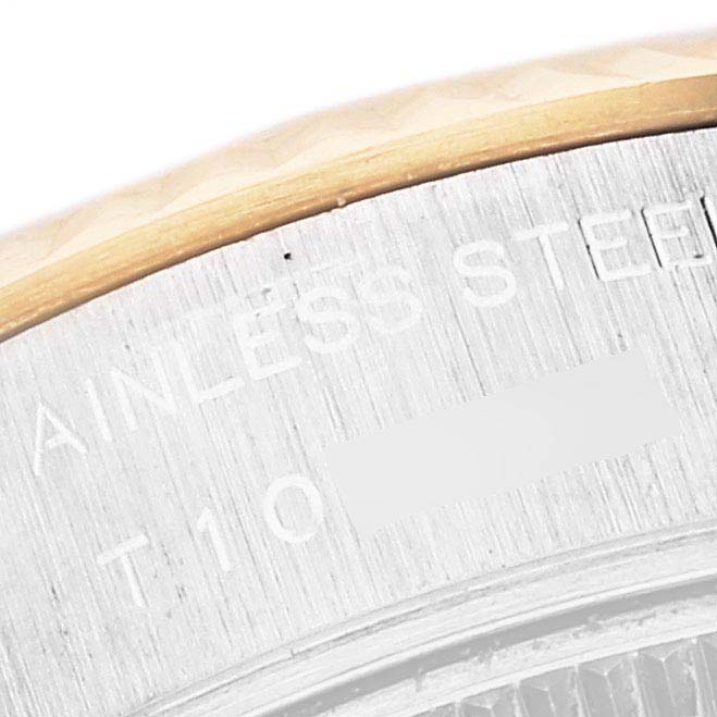 The image shows a close-up view of the case-back edge and bezel of a Rolex Datejust 69173 Women's Steel and Gold (two tone) Blue Dial 69173 Women's Steel and Gold (two tone) Blue Dial watch.