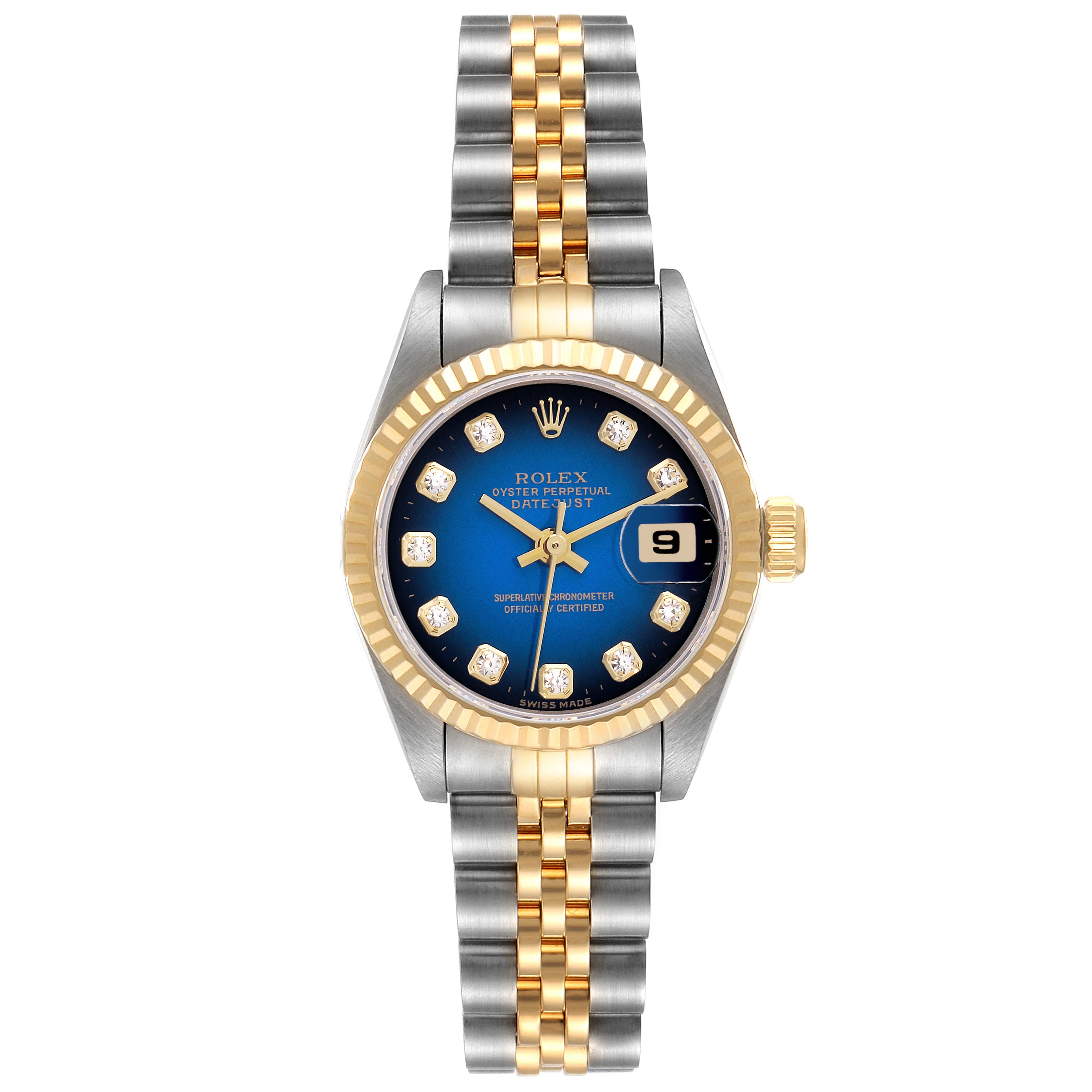 This image shows a Rolex Datejust 69173 Women's Steel and Gold (two tone) Blue Dial 69173 Women's Steel and Gold (two tone) Blue Dial watch from a front angle, displaying the dial, bezel, bracelet, and date window.