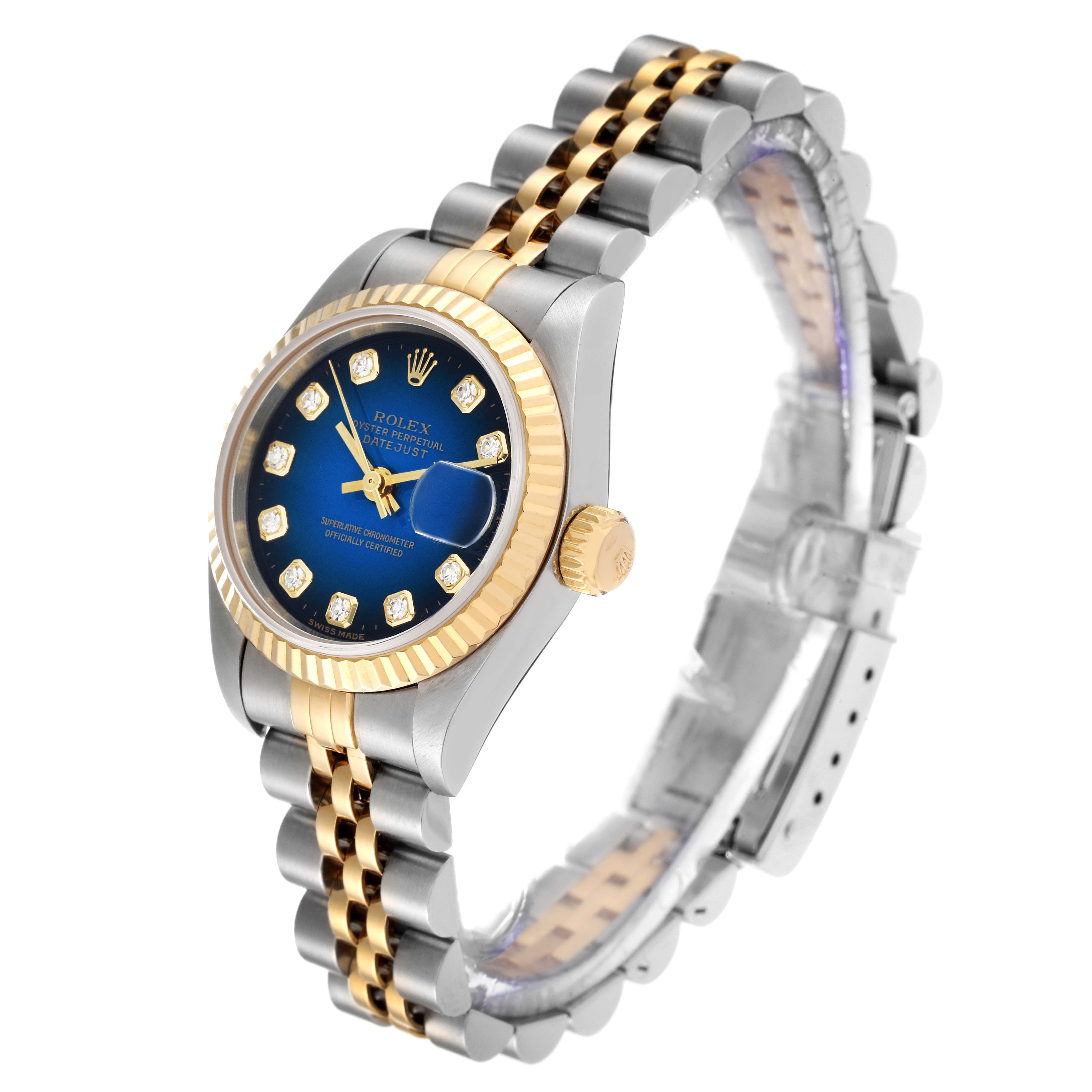 The Rolex Datejust 69173 Women's Steel and Gold (two tone) Blue Dial 69173 Women's Steel and Gold (two tone) Blue Dial watch is shown at a three-quarter angle highlighting its blue dial, gold bezel, and two-tone bracelet.
