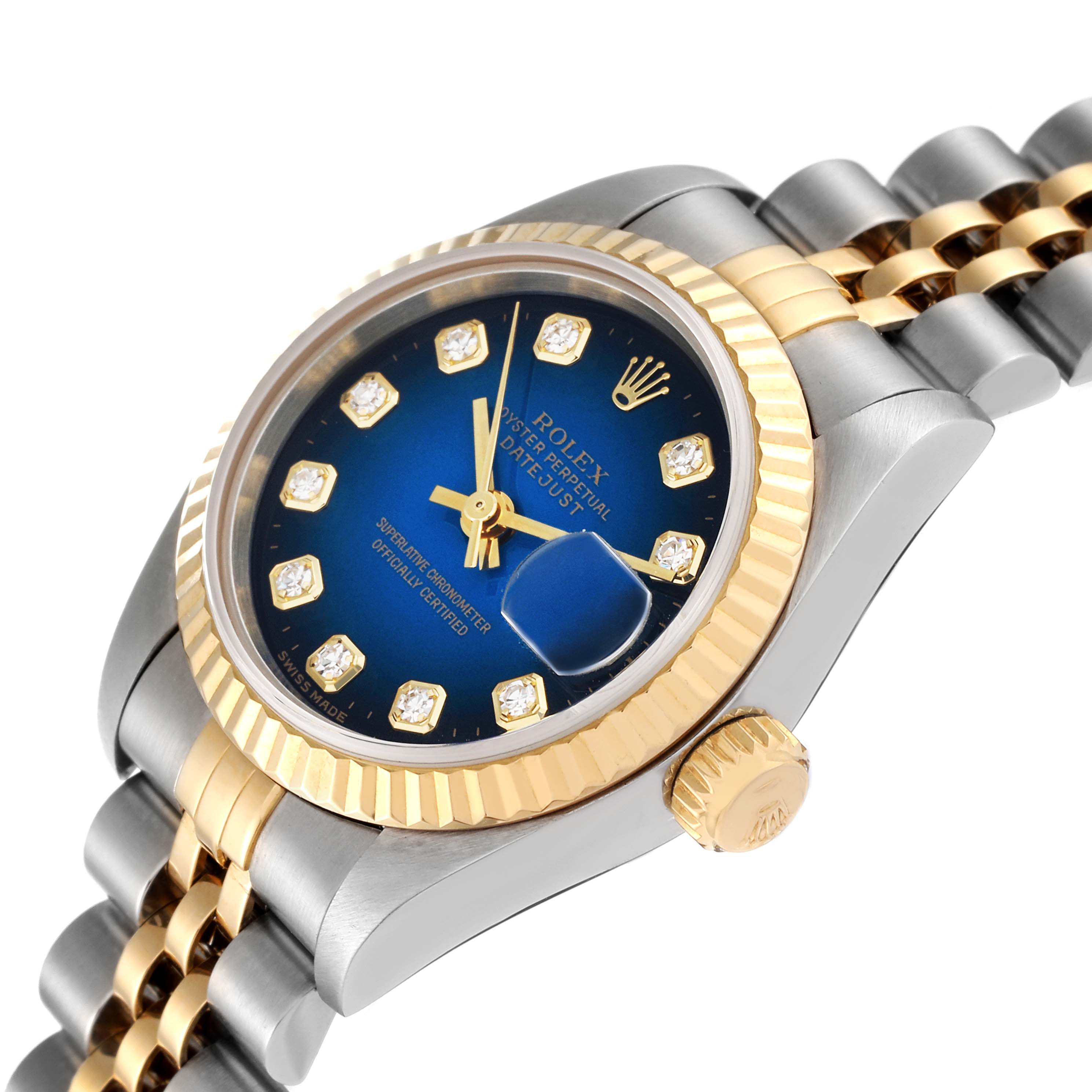 This image shows a Rolex Datejust 69173 Women's Steel and Gold (two tone) Blue Dial 69173 Women's Steel and Gold (two tone) Blue Dial watch at an angle highlighting the dial, crown, bezel, and part of the bracelet.