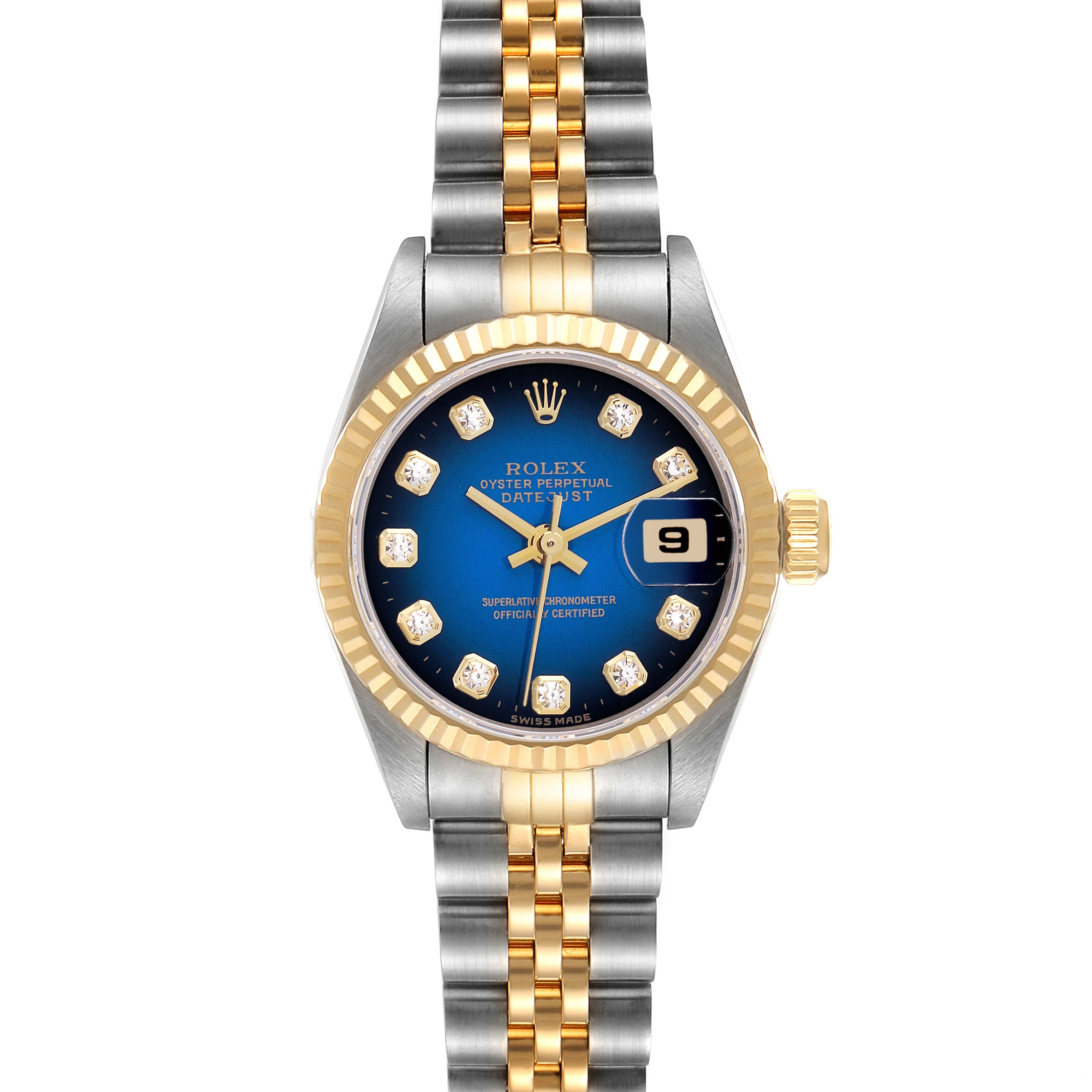 This Rolex Datejust 69173 Women's Steel and Gold (two tone) Blue Dial 69173 Women's Steel and Gold (two tone) Blue Dial watch is shown from the front, showcasing its blue dial, diamond markers, gold fluted bezel, and two-tone bracelet.