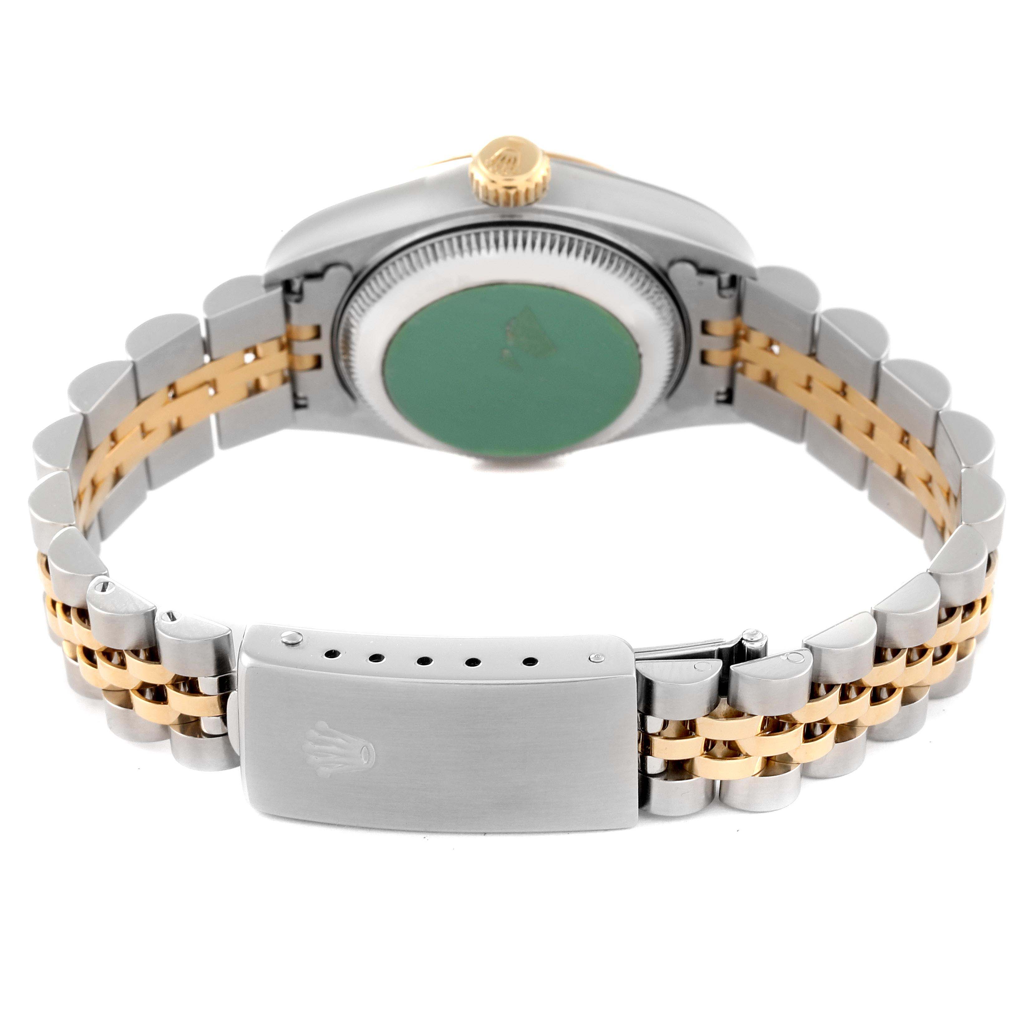 This image shows the rear view of a Rolex Datejust 69173 Women's Steel and Gold (two tone) Blue Dial 69173 Women's Steel and Gold (two tone) Blue Dial watch, highlighting the case back, crown, and two-tone Jubilee bracelet with the clasp.