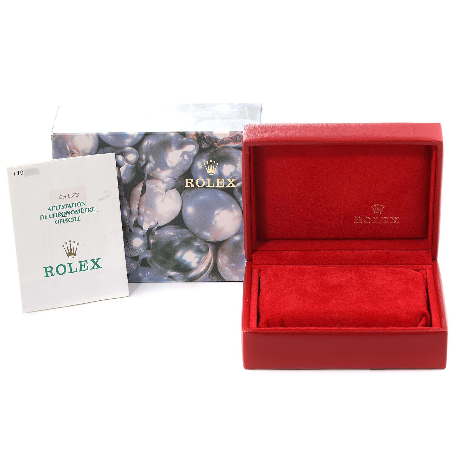 The image shows a Rolex Datejust 69173 Women's Steel and Gold (two tone) Blue Dial 69173 Women's Steel and Gold (two tone) Blue Dial watch box, booklet, and outer packaging from a front angle.
