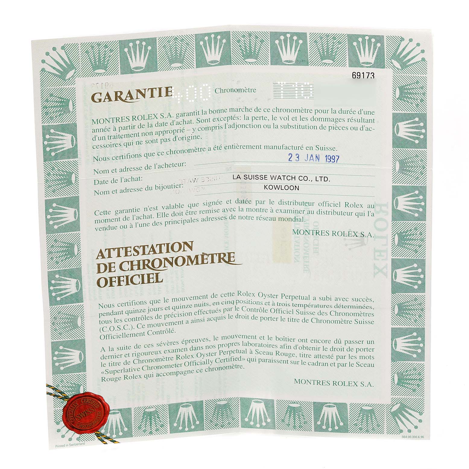 The image shows the warranty and official chronometer certification documents for a Rolex Datejust 69173 Women's Steel and Gold (two tone) Blue Dial 69173 Women's Steel and Gold (two tone) Blue Dial model.