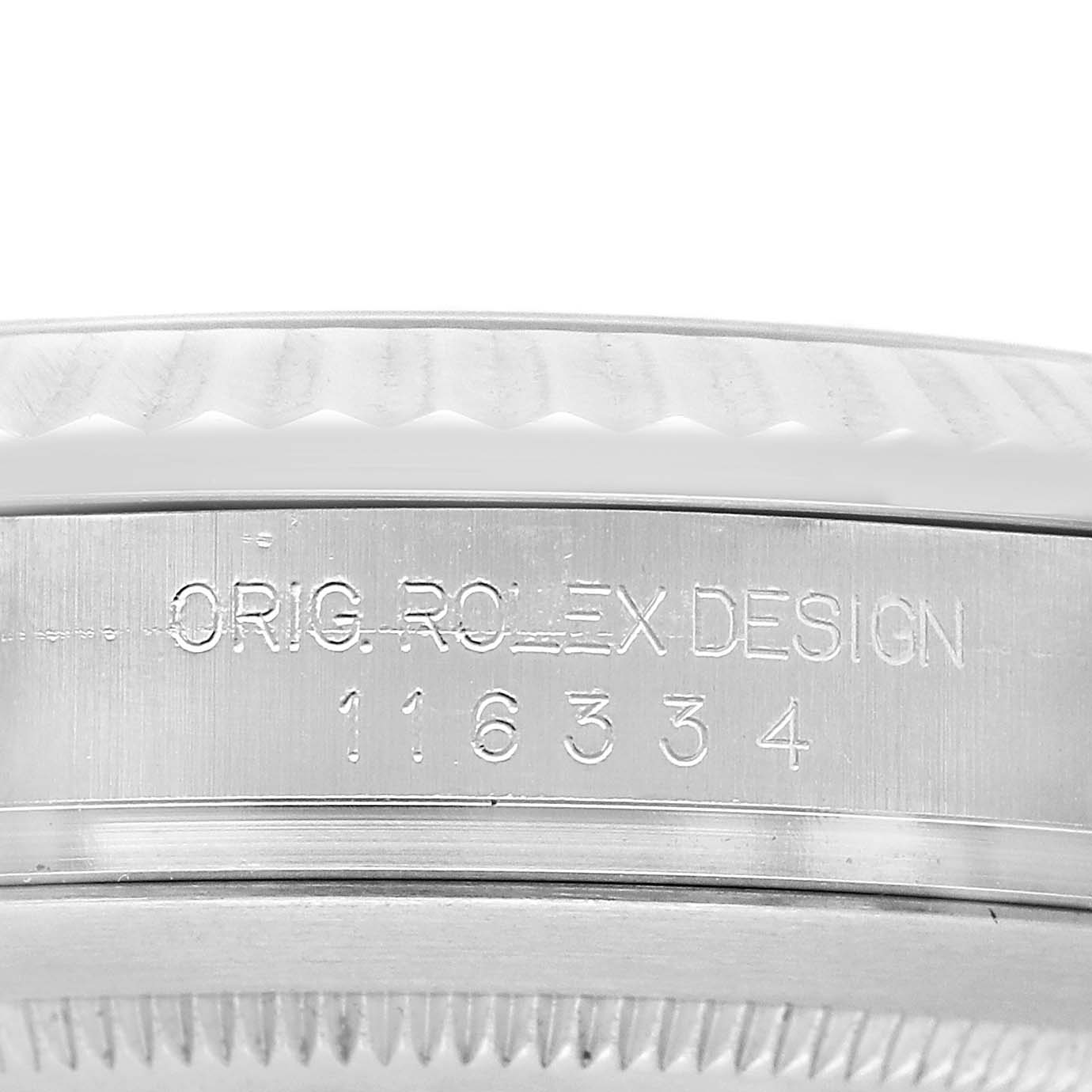The image shows a side view of the Rolex Datejust 41 116334 Men's Stainless Steel Blue Dial model, focusing on the engraved bezel and case.