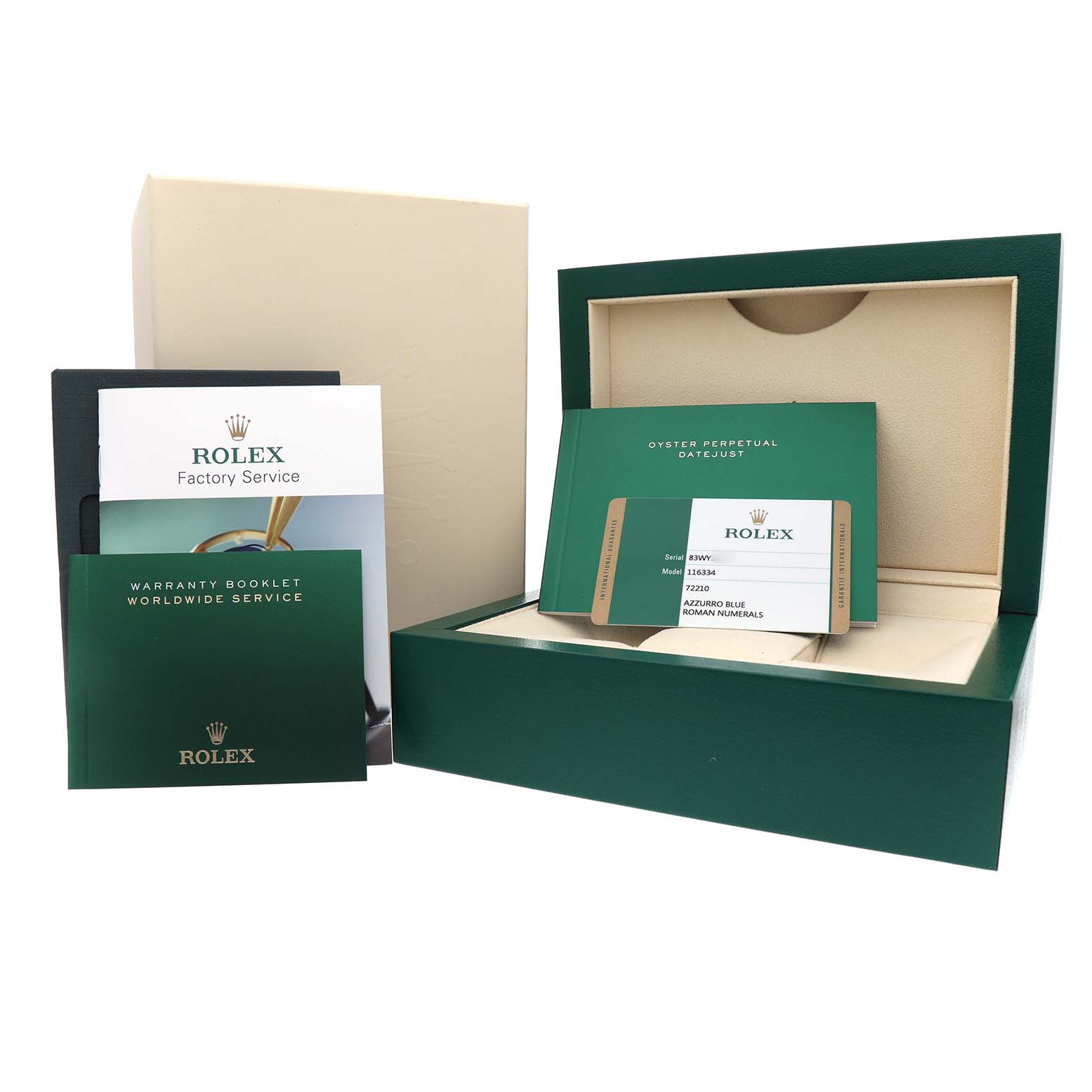 The image shows a Rolex Datejust 41 116334 Men's Stainless Steel Blue Dial box with warranty cards, a service booklet, and the outer packaging.