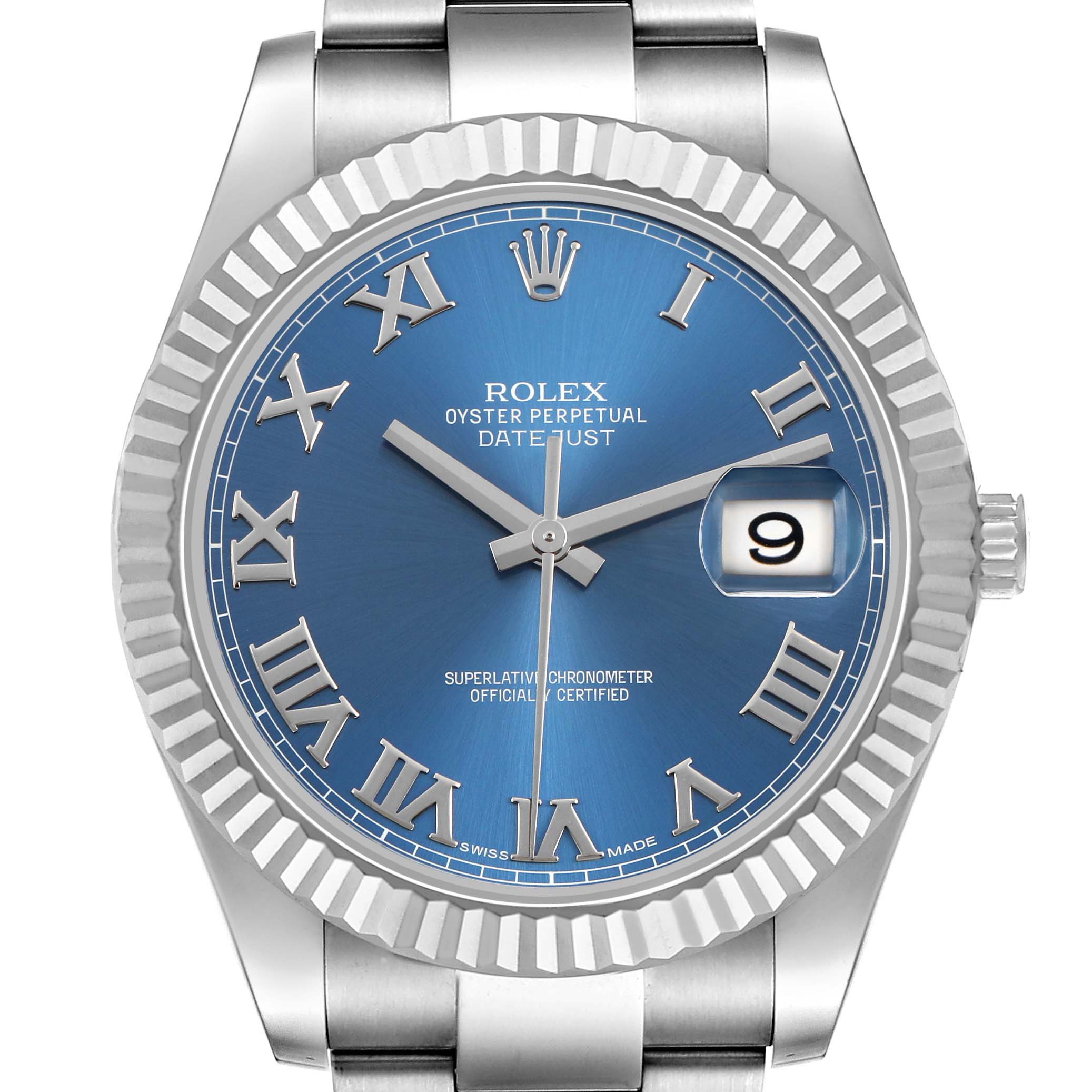 The Rolex Datejust 41 116334 Men's Stainless Steel Blue Dial is shown front-facing, highlighting the blue dial, Roman numerals, fluted bezel, and date window.