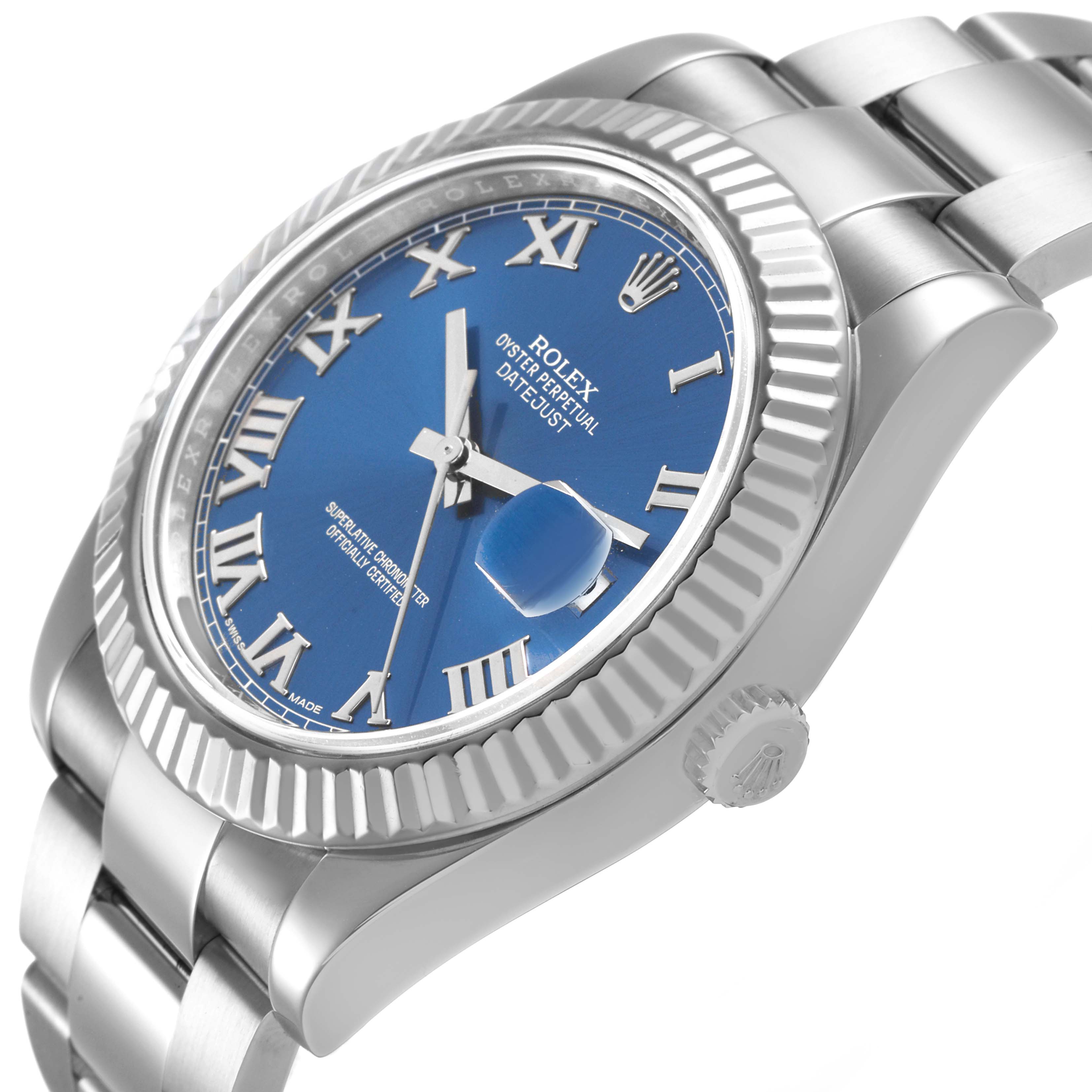 The Rolex Datejust 41 116334 Men's Stainless Steel Blue Dial watch is shown at an angle highlighting the blue dial, fluted bezel, hands, and bracelet.
