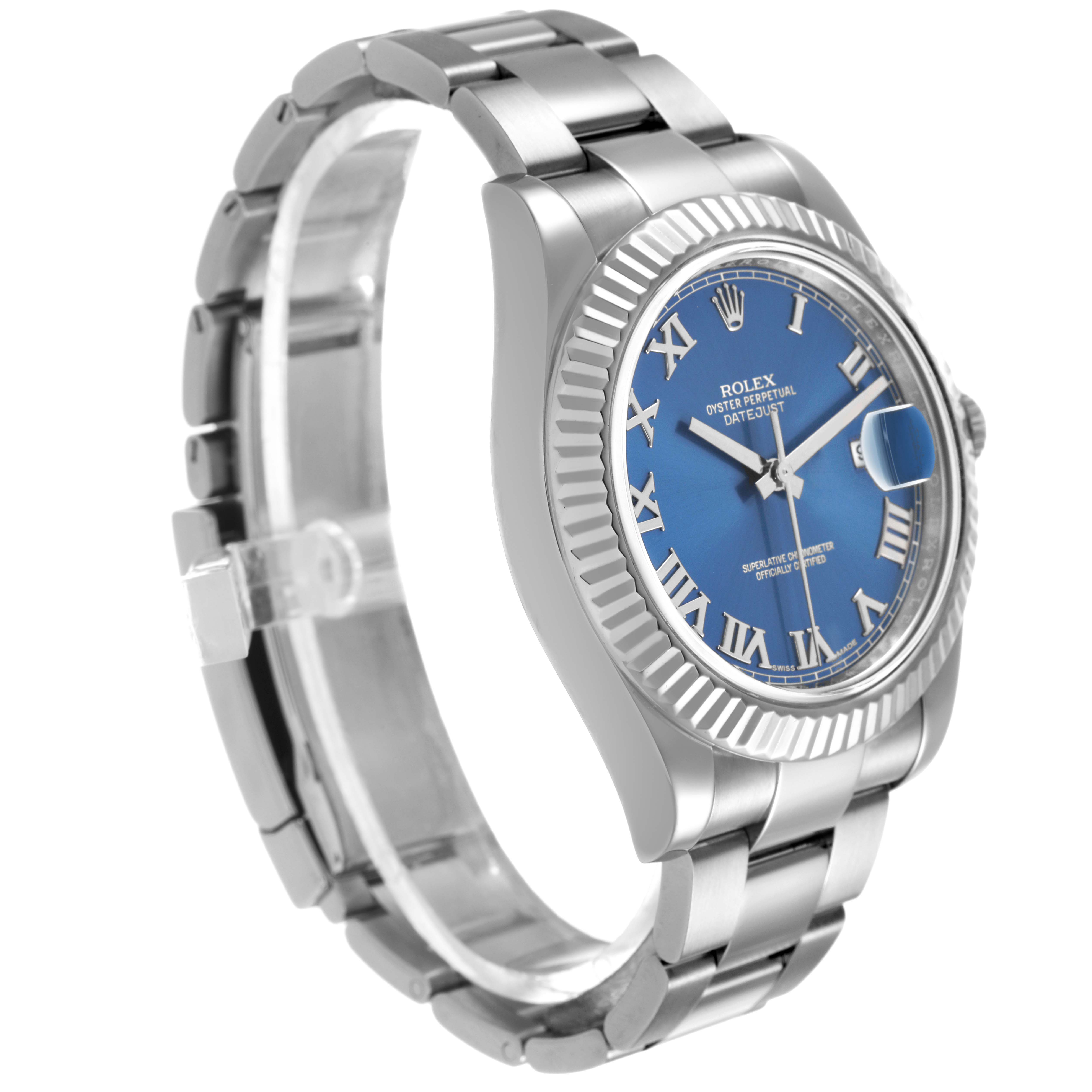The Rolex Datejust 41 116334 Men's Stainless Steel Blue Dial is shown at a slight angled side view, highlighting its blue dial, fluted bezel, and stainless steel bracelet.