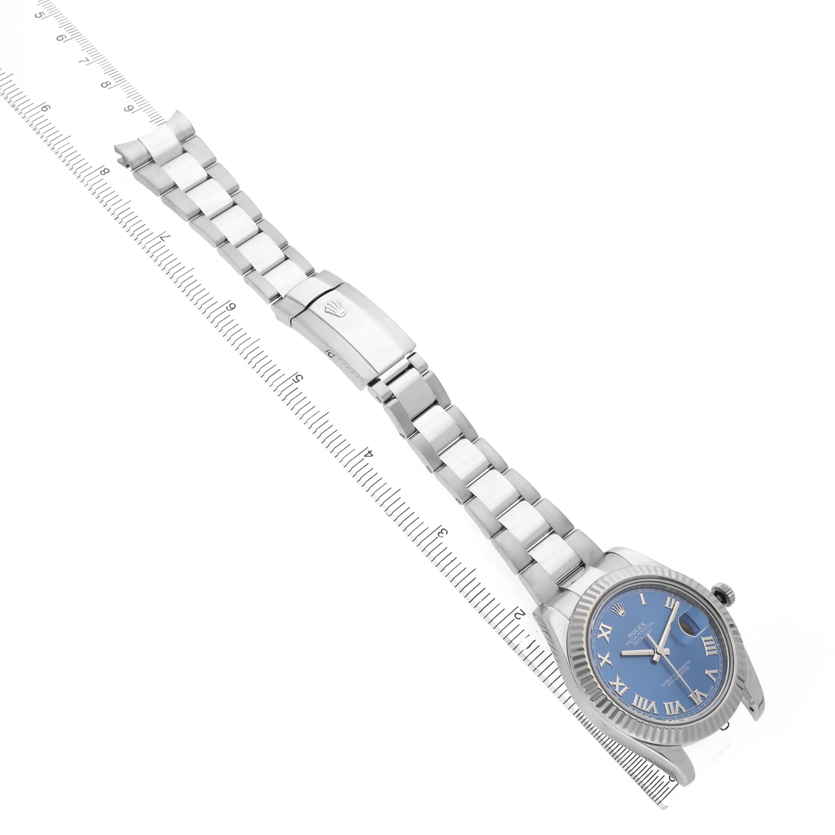 The Rolex Datejust 41 116334 Men's Stainless Steel Blue Dial is shown from an overhead angle, with the face, bezel, bracelet, and clasp visible.