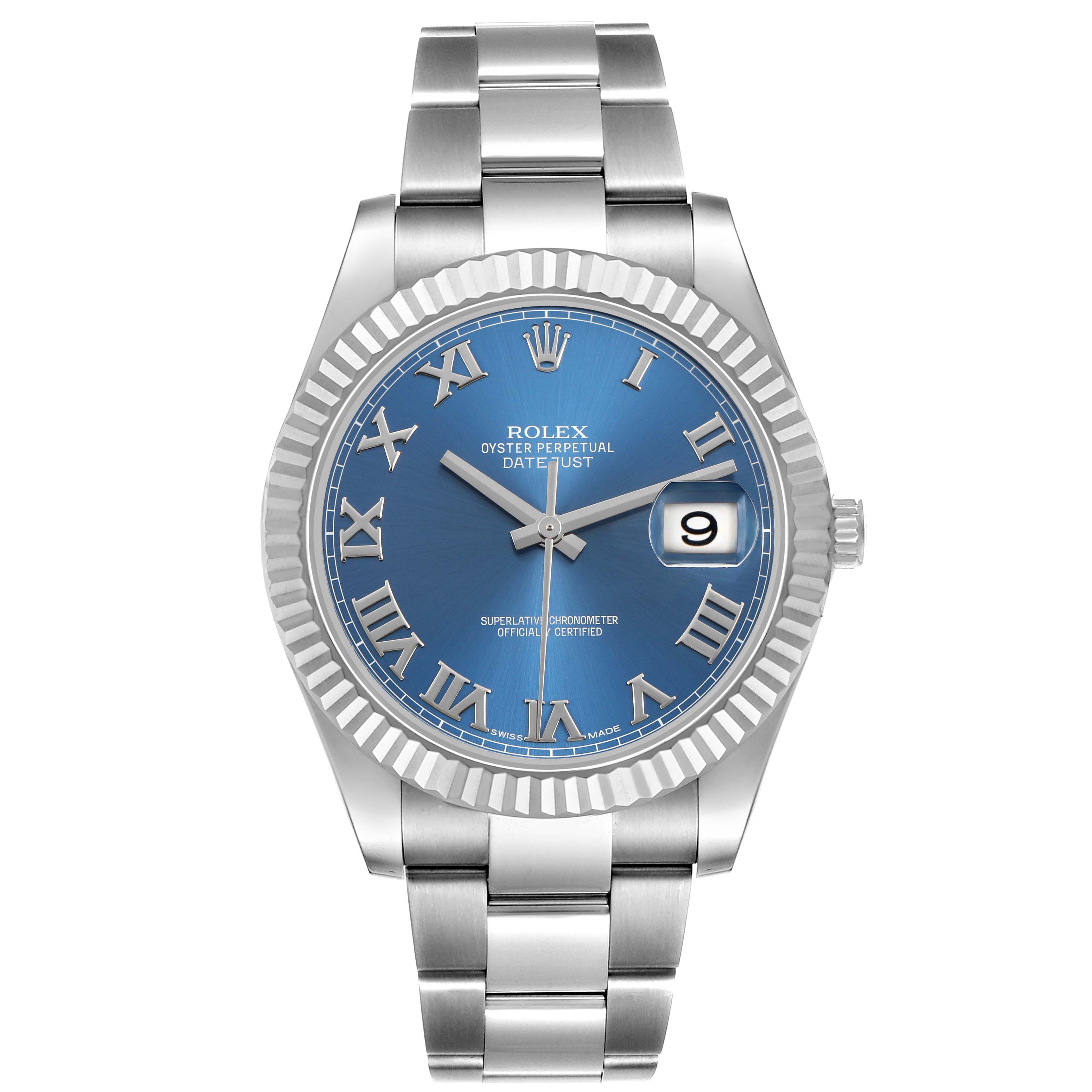 The Rolex Datejust 41 116334 Men's Stainless Steel Blue Dial watch is shown from the front, displaying the face, bezel, and bracelet.