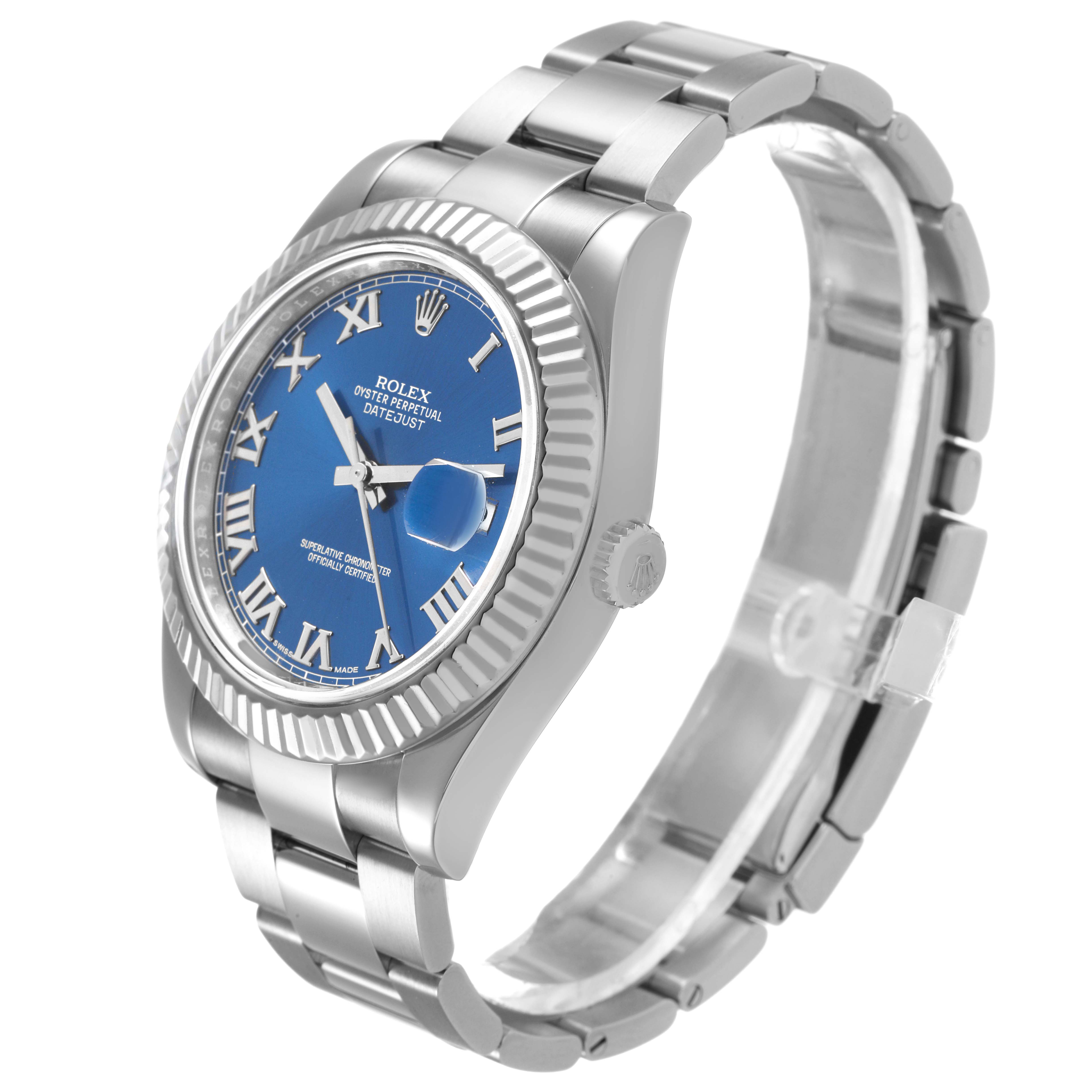 The Rolex Datejust 41 116334 Men's Stainless Steel Blue Dial is shown from a three-quarter angle, displaying the blue dial, fluted bezel, and Oyster bracelet.
