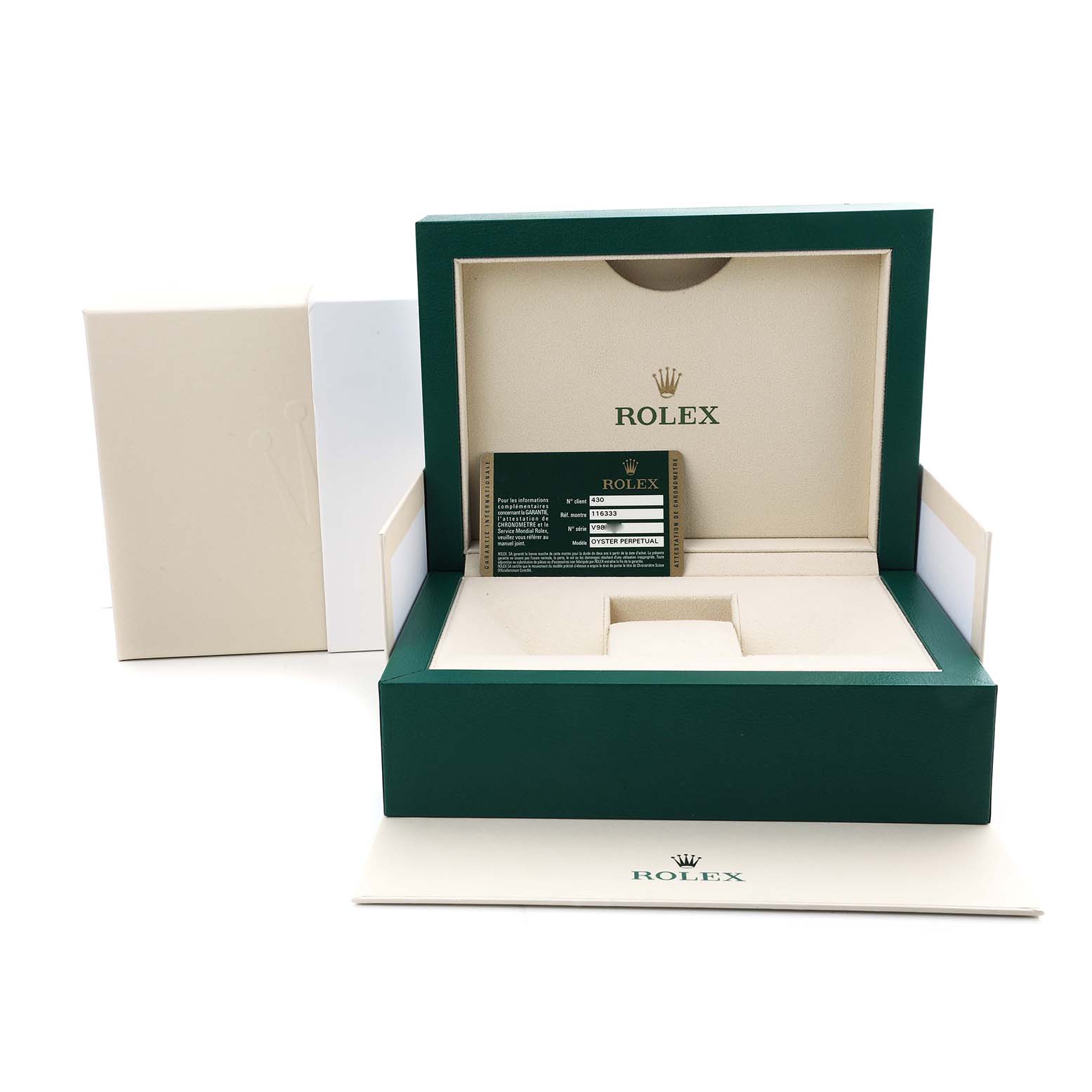 The image shows the open green box and warranty card of a Rolex Datejust 41 116333 Men's Steel and Gold (two tone) Black Dial.