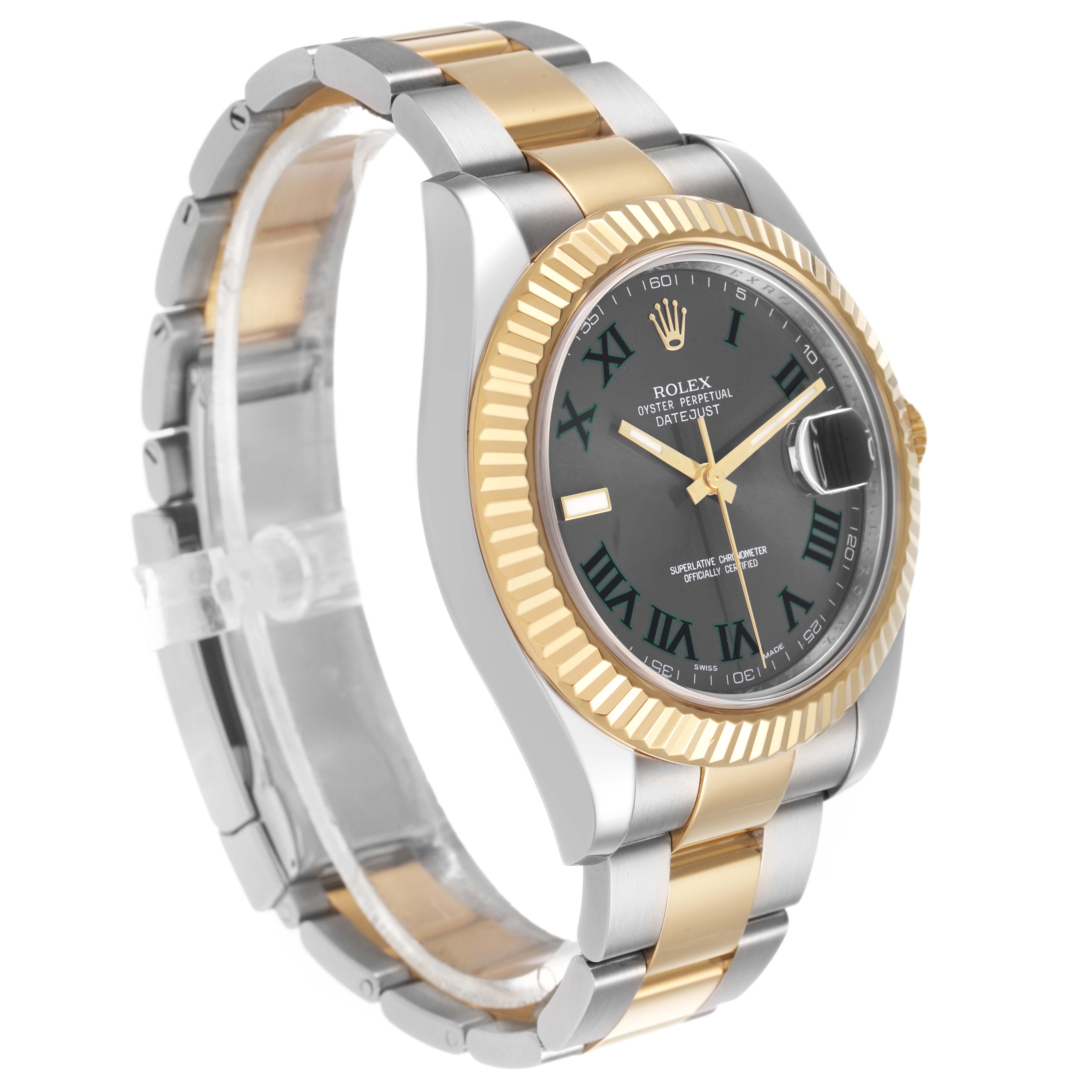 The Rolex Datejust 41 116333 Men's Steel and Gold (two tone) Black Dial is shown at an angled view, highlighting the case, bezel, dial, and two-tone bracelet.