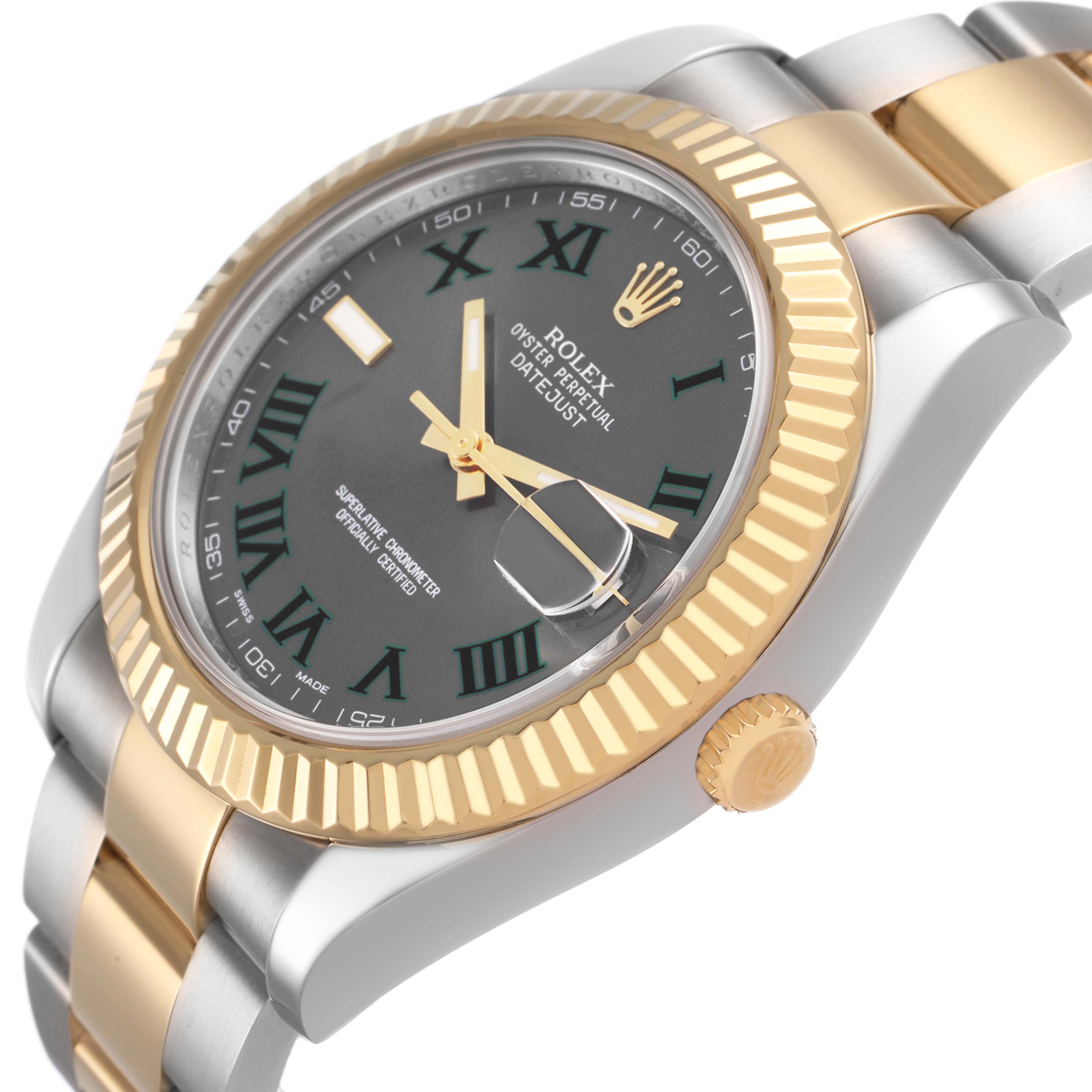 The Rolex Datejust 41 116333 Men's Steel and Gold (two tone) Black Dial is shown from a slightly tilted side angle, highlighting the bezel, face, and partial bracelet.