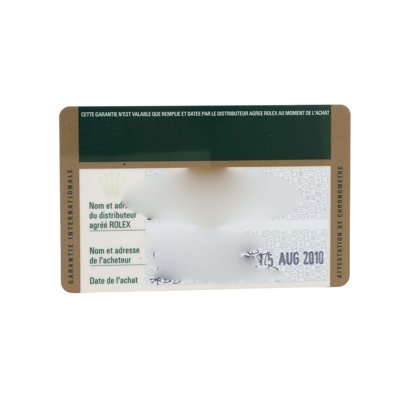 This image shows a warranty card for the Rolex Datejust 41 116333 Men's Steel and Gold (two tone) Black Dial, featuring details like purchase date and distributor info.