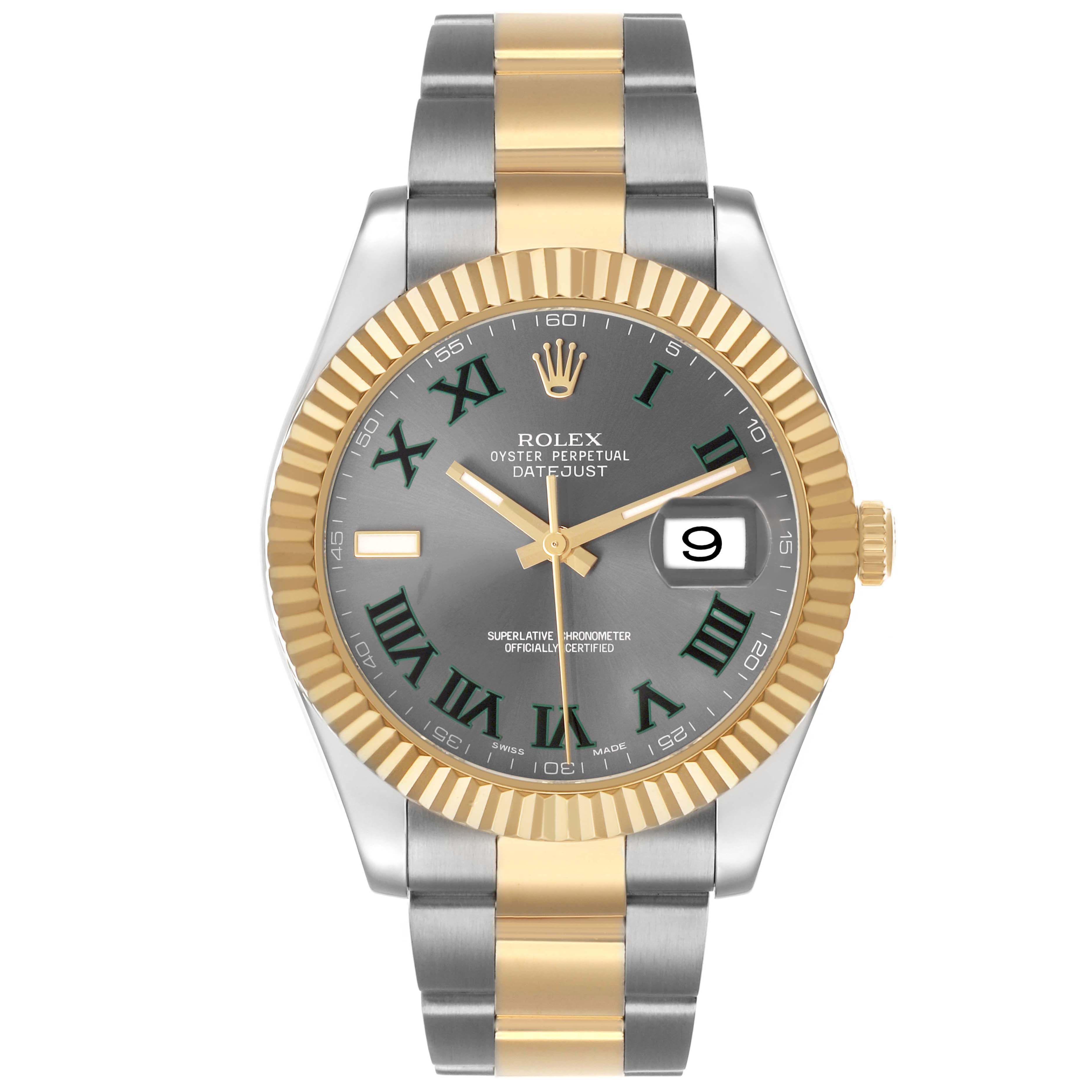 The Rolex Datejust 41 116333 Men's Steel and Gold (two tone) Black Dial is shown from the front, featuring its fluted bezel, dial, bracelet, and a partially visible date magnifier.