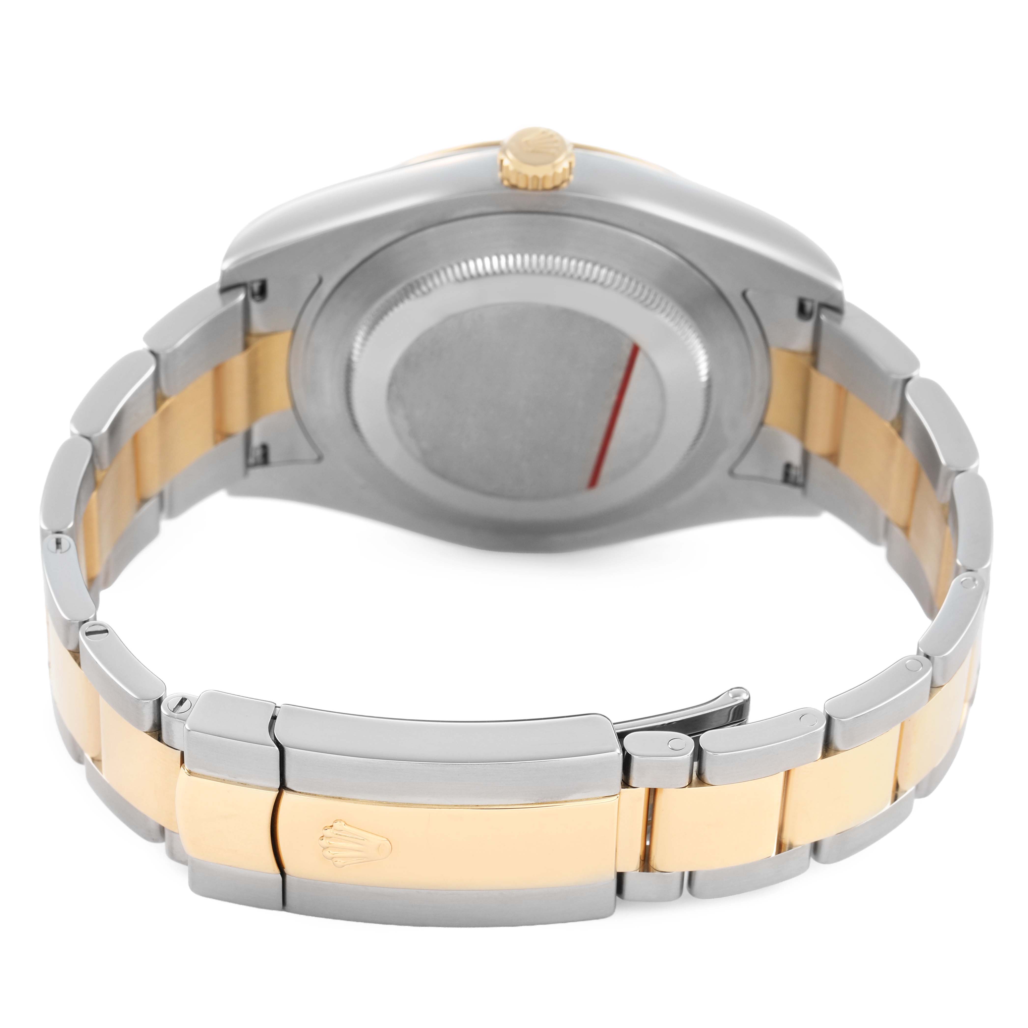 The image shows the back view of a Rolex Datejust 41 116333 Men's Steel and Gold (two tone) Black Dial, focusing on the case back, crown, and two-tone bracelet with clasp.