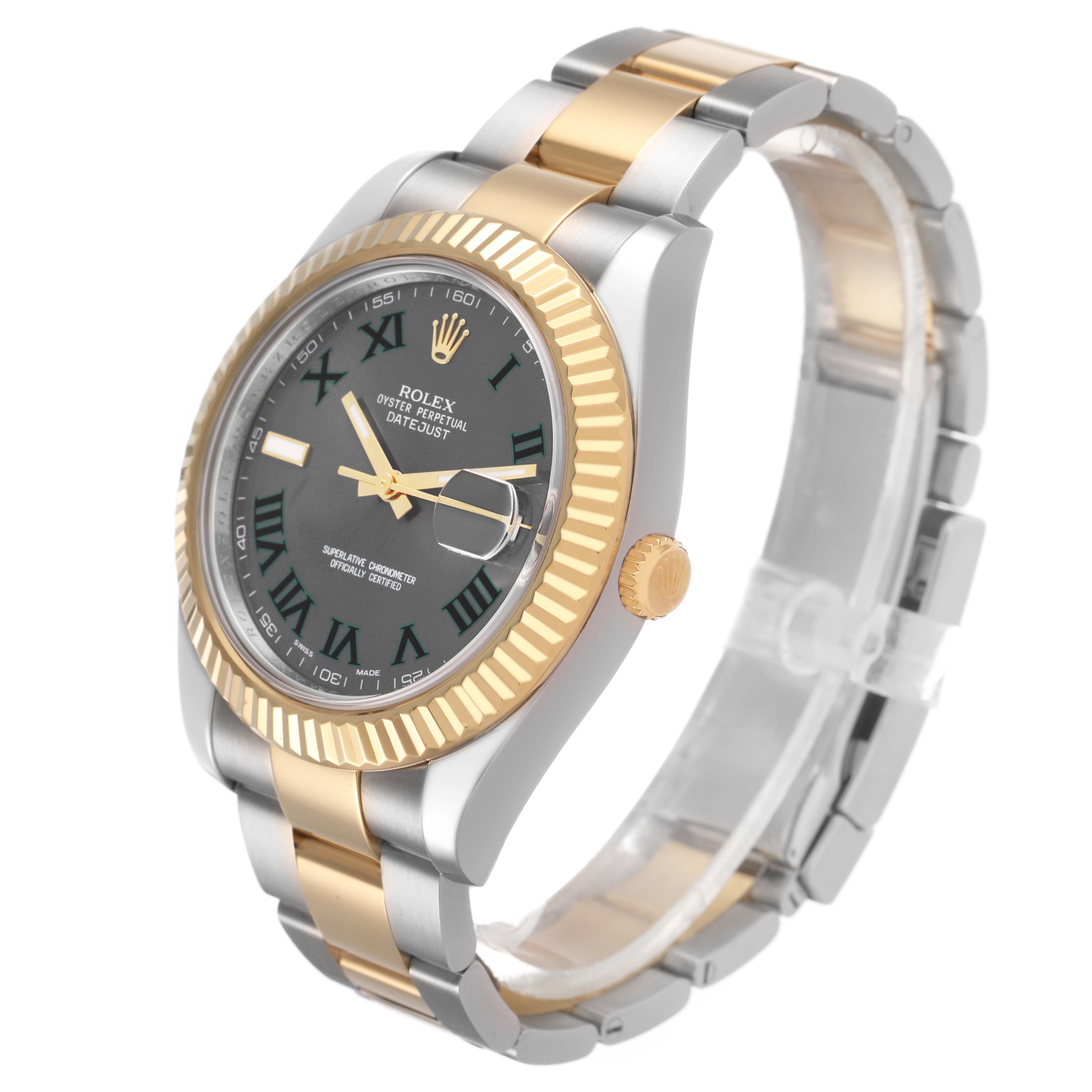 The Rolex Datejust 41 116333 Men's Steel and Gold (two tone) Black Dial is shown at a three-quarter angle, highlighting the gold bezel, dial, crown, and two-tone bracelet.