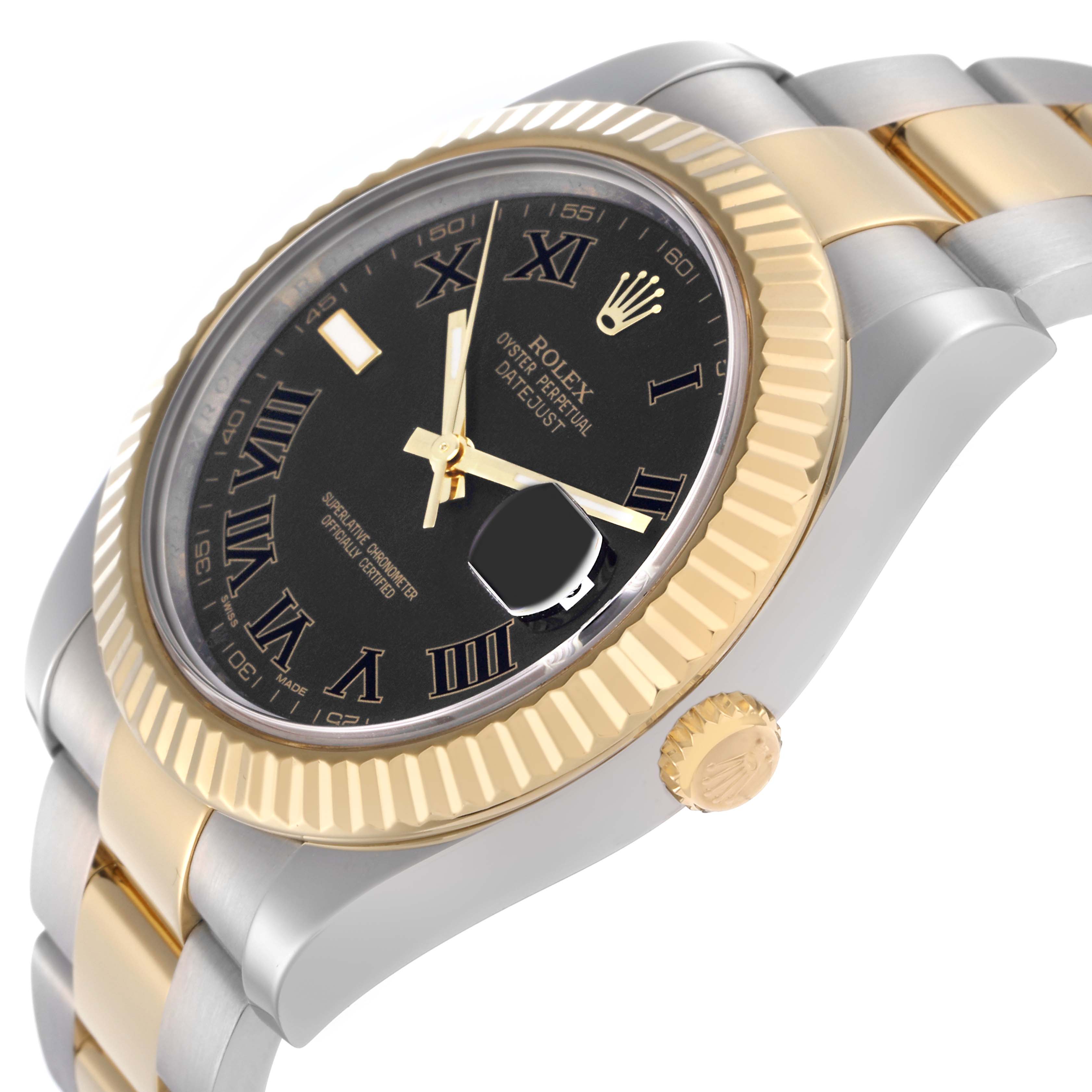 The Rolex Datejust 41 116333 Men
s Steel and Gold (two tone) Black Dial 116333 Men
s Steel and Gold (two tone) Black Dial is shown at an angled side view, displaying the bezel, dial, crown, and part of the bracelet.