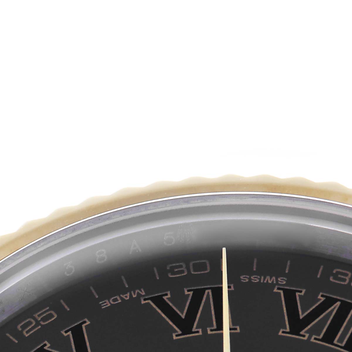 The image shows a close-up of the bezel and part of the dial of a Rolex Datejust 41 116333 Men
s Steel and Gold (two tone) Black Dial 116333 Men
s Steel and Gold (two tone) Black Dial, focusing on the numeral markers.