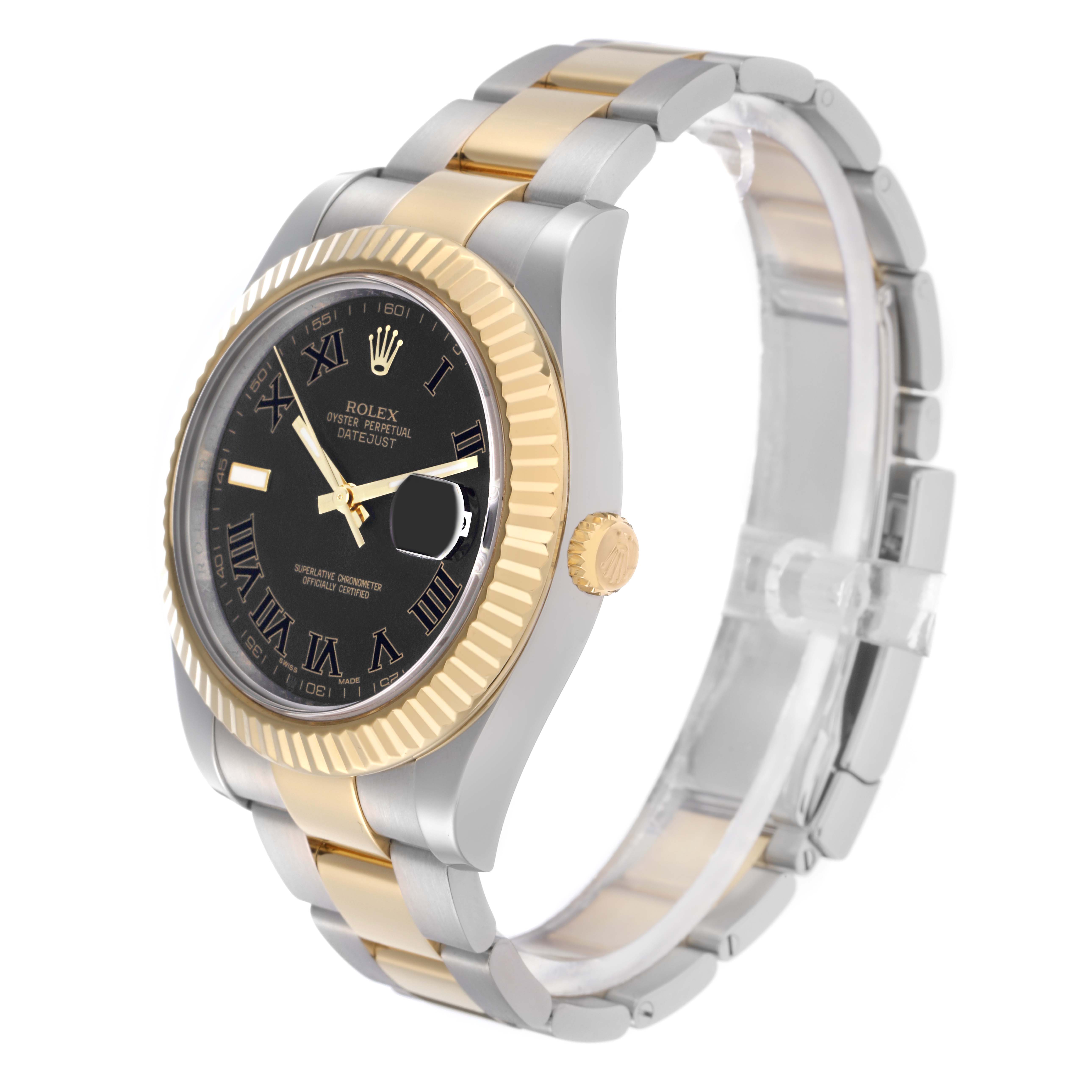 The Rolex Datejust 41 116333 Men
s Steel and Gold (two tone) Black Dial 116333 Men
s Steel and Gold (two tone) Black Dial is shown at an angled side view, highlighting the bracelet, two-tone bezel, and black dial with Roman numerals.
