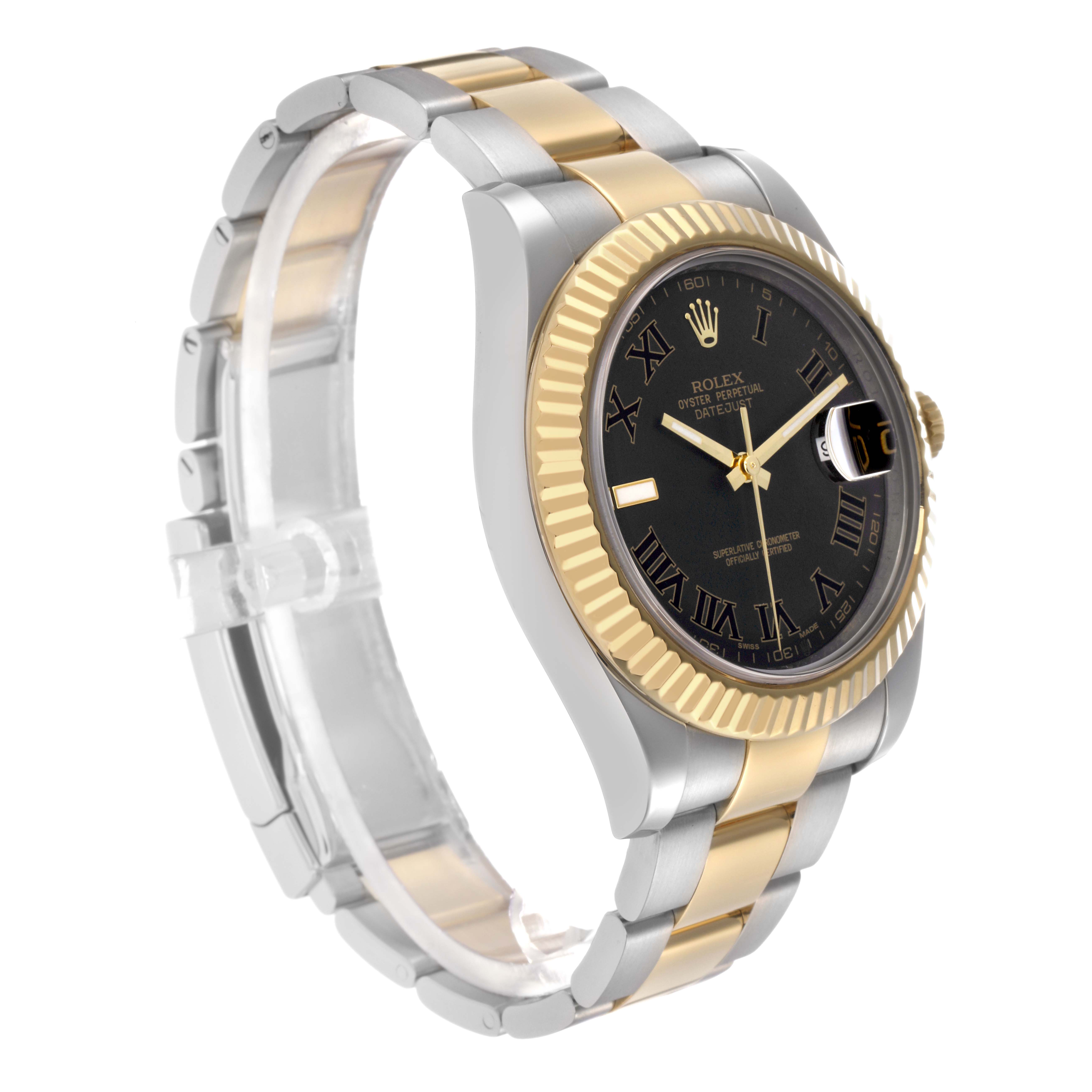 The Rolex Datejust 41 116333 Men
s Steel and Gold (two tone) Black Dial 116333 Men
s Steel and Gold (two tone) Black Dial is shown at a three-quarter angle, displaying its black dial, gold bezel, and two-tone bracelet.