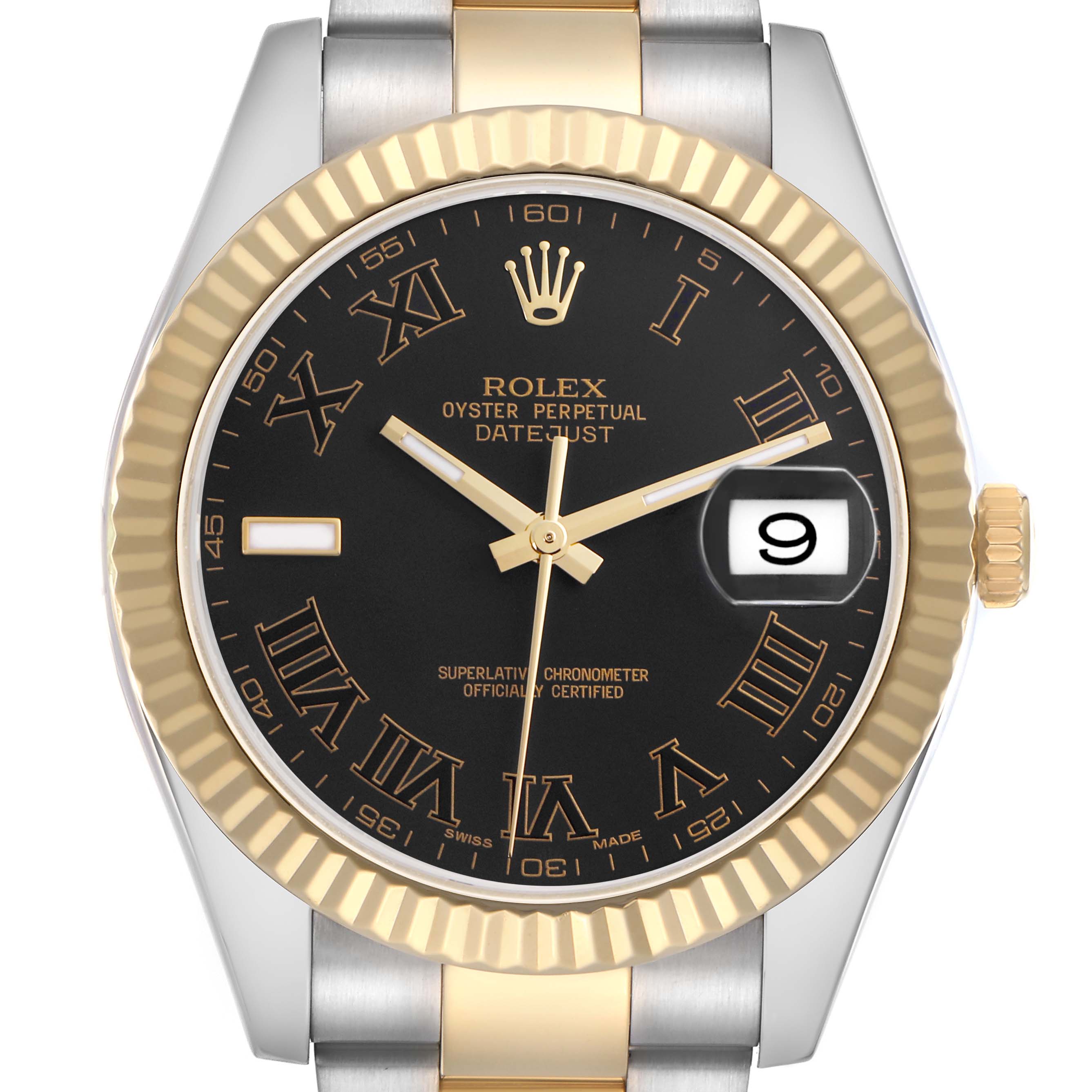 The Rolex Datejust 41 116333 Men
s Steel and Gold (two tone) Black Dial 116333 Men
s Steel and Gold (two tone) Black Dial watch is shown from a top-down angle, highlighting the bezel, dial, hands, and date feature.