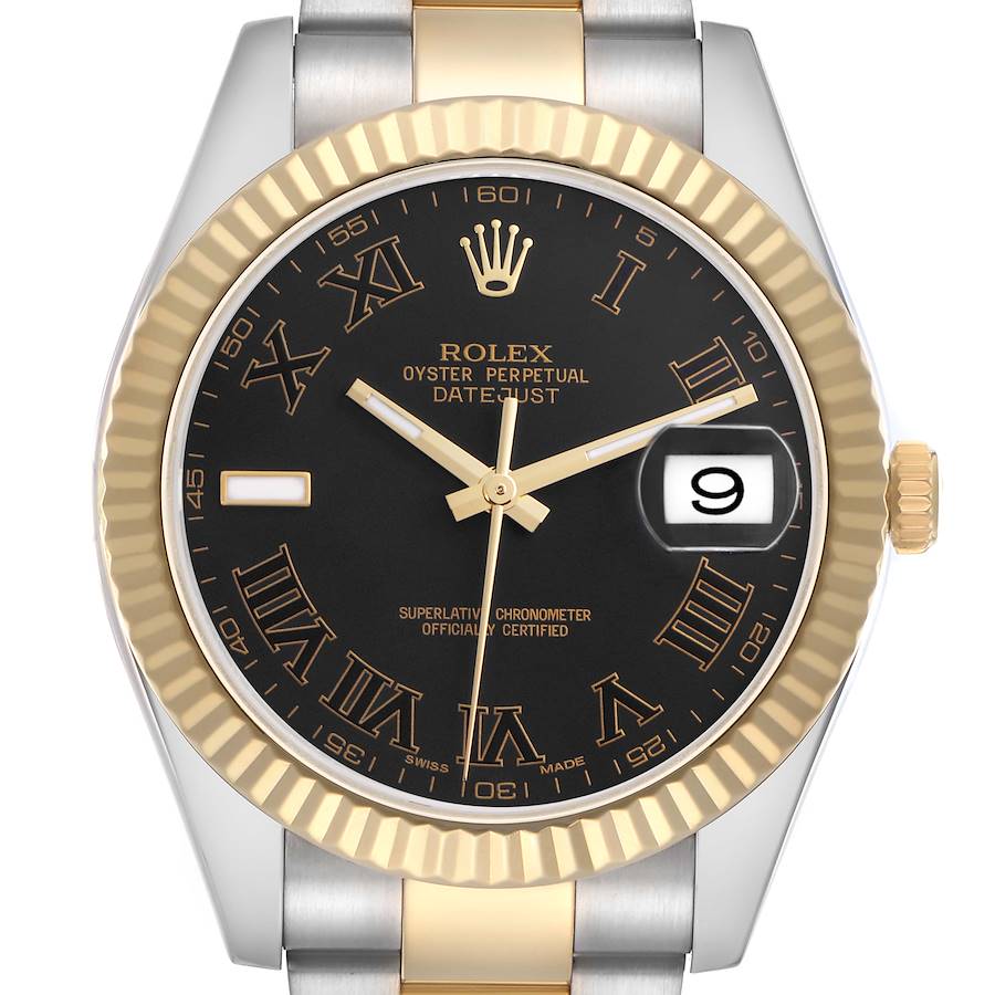 The Rolex Datejust 41 watch is shown from a top-down angle, highlighting the bezel, dial, hands, and date feature.