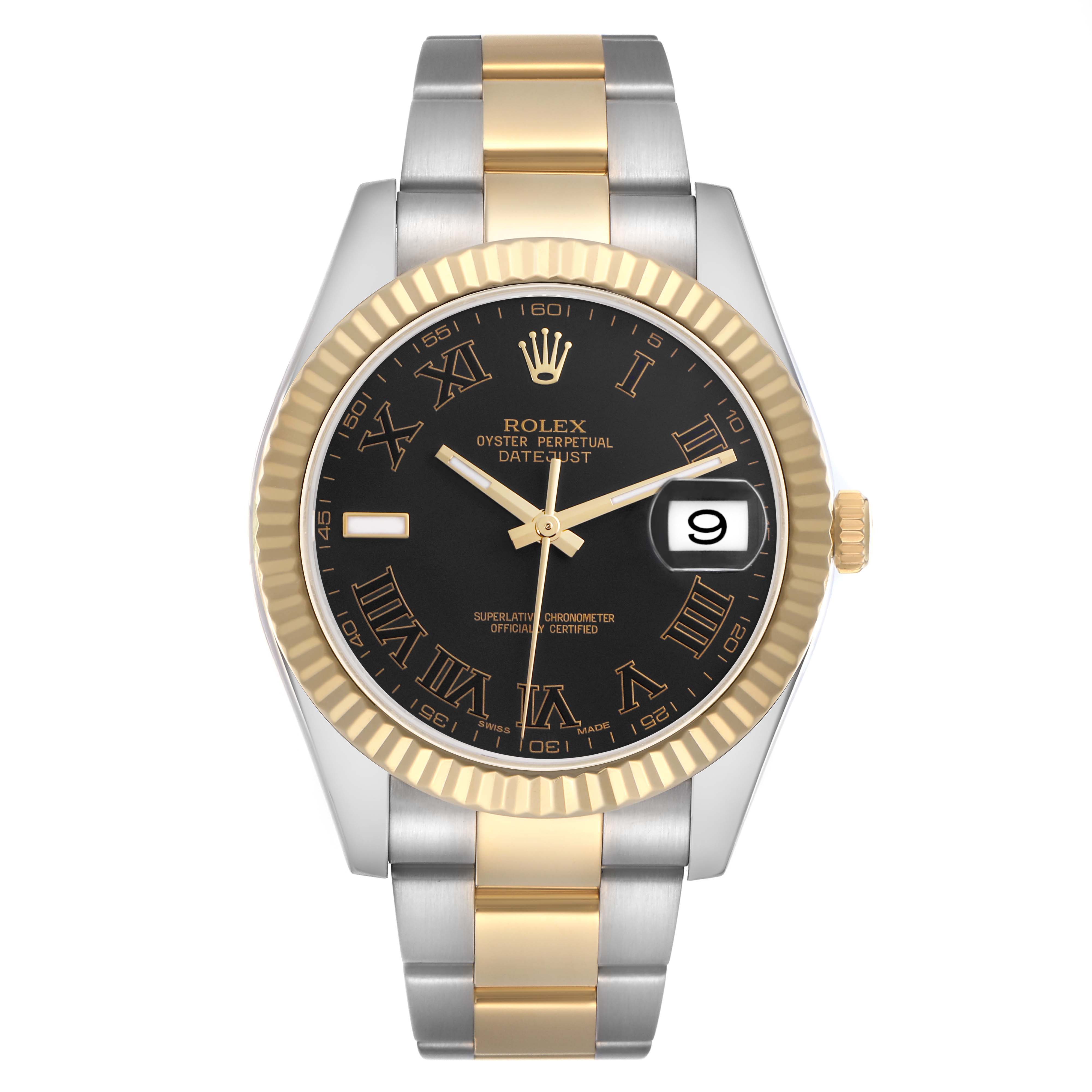 The Rolex Datejust 41 116333 Men
s Steel and Gold (two tone) Black Dial 116333 Men
s Steel and Gold (two tone) Black Dial is shown from a frontal angle displaying its two-tone bracelet, fluted bezel, and black dial with Roman numerals.