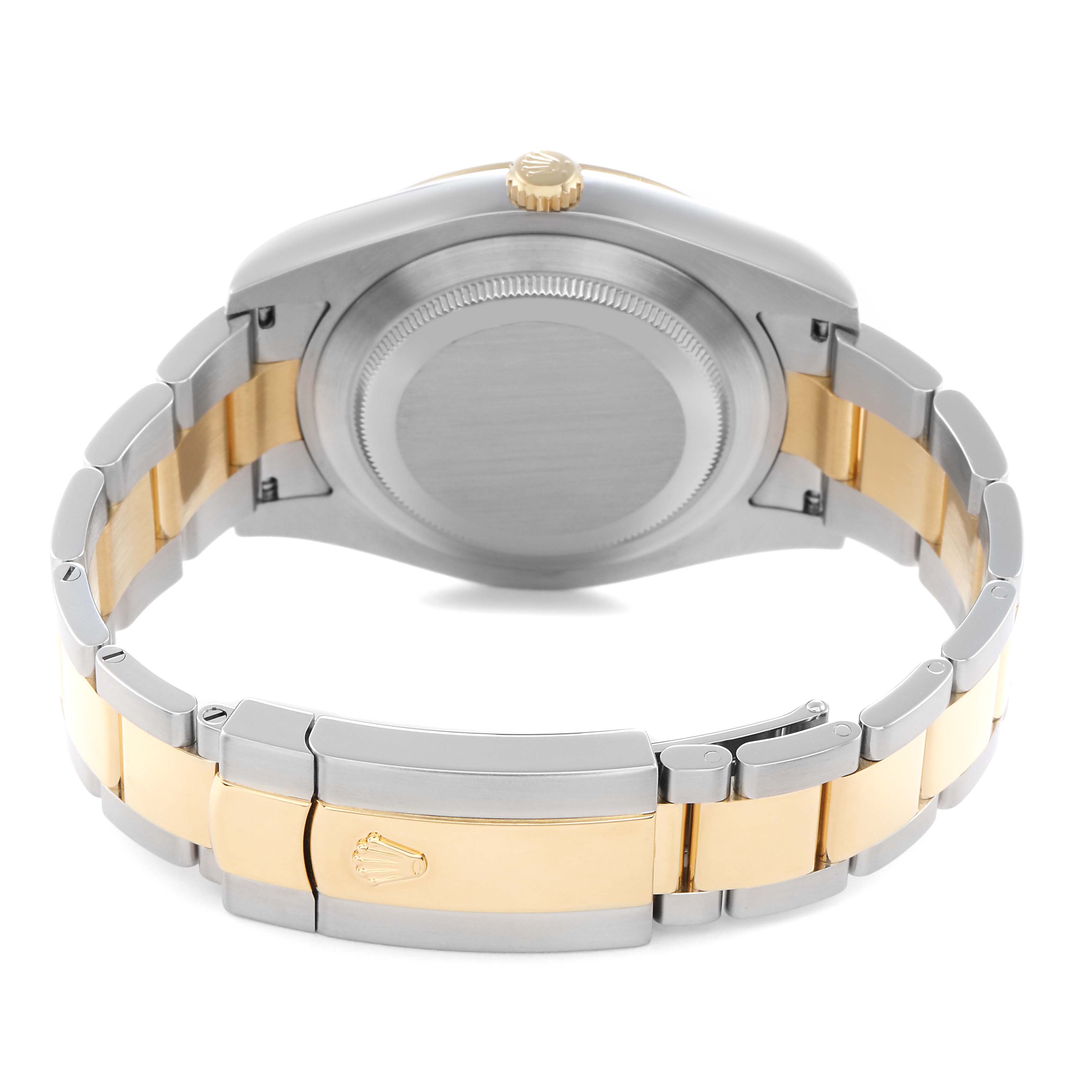 The image shows the back view of the Rolex Datejust 41 116333 Men
s Steel and Gold (two tone) Black Dial 116333 Men
s Steel and Gold (two tone) Black Dial, highlighting the stainless steel and gold bracelet, clasp, and case back.