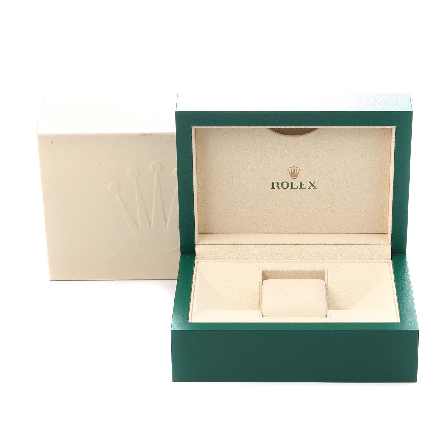 The image shows the open box for the Rolex Datejust 41 116333 Men
s Steel and Gold (two tone) Black Dial 116333 Men
s Steel and Gold (two tone) Black Dial, featuring the brand logo inside and an exterior with a green finish.
