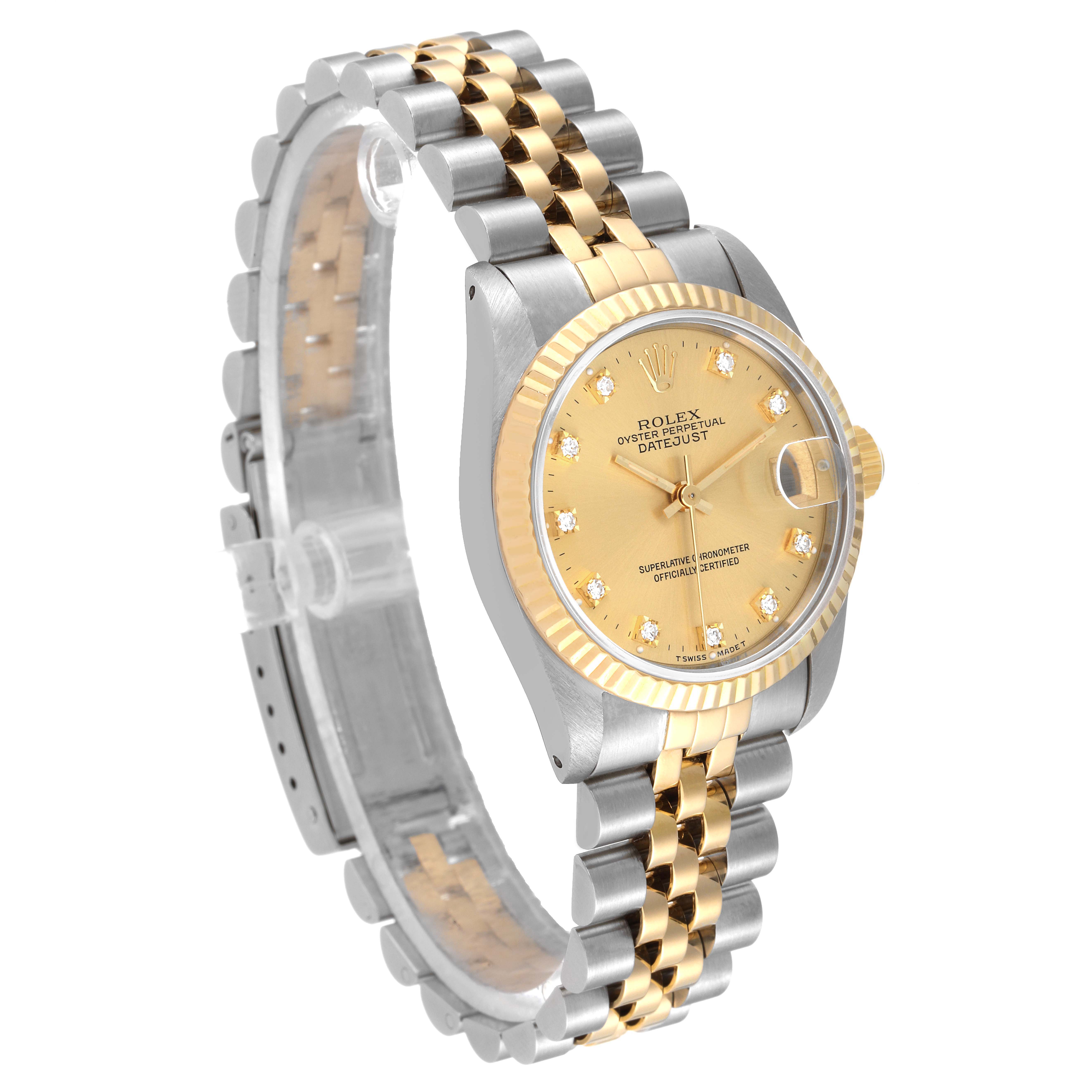 The image shows a Rolex Datejust 68273 Women
s Steel and Gold (two tone) Champagne Dial 68273 Women
s Steel and Gold (two tone) Champagne Dial watch at a three-quarter angle, highlighting the face, bezel, and bracelet.