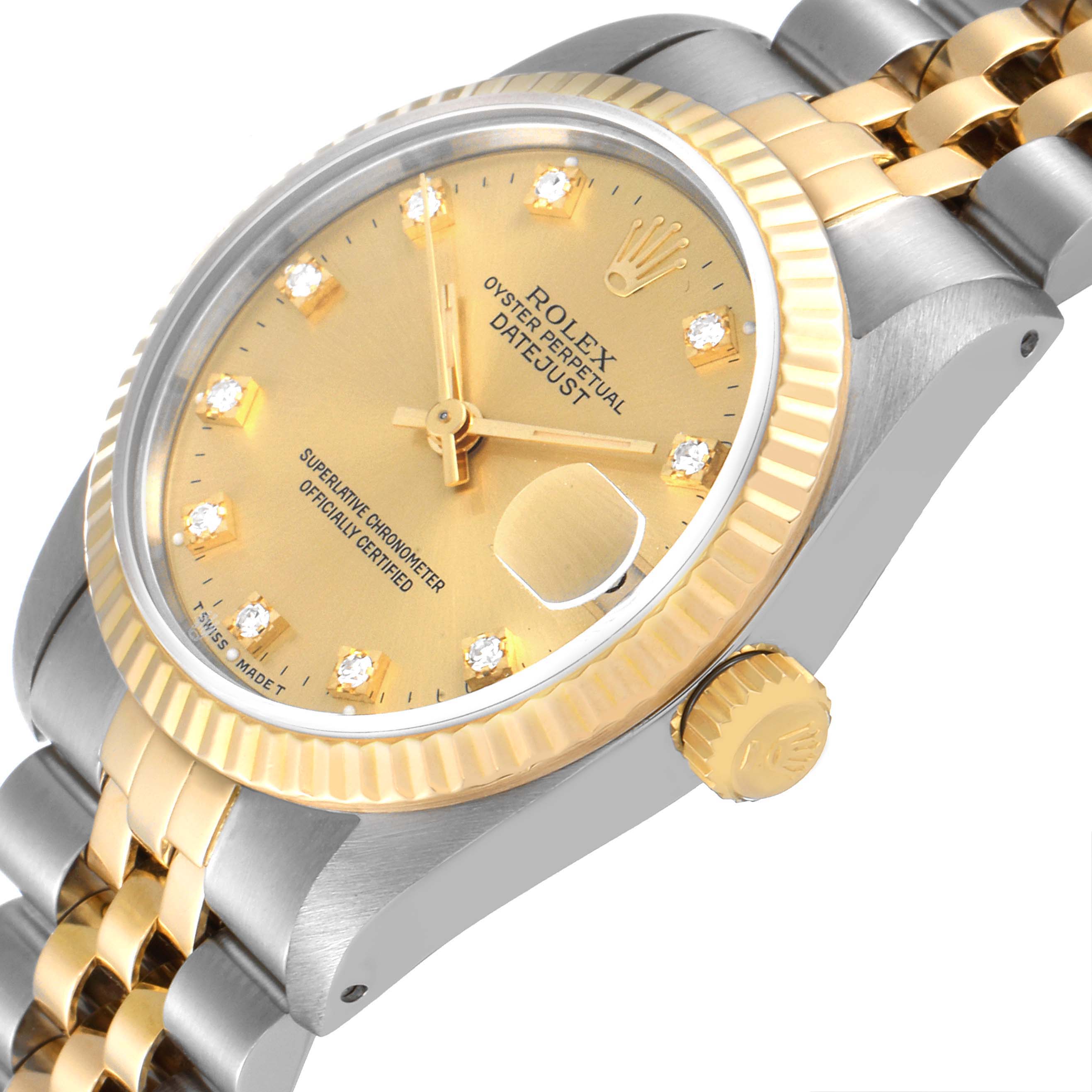 The image shows a close-up side view of a Rolex Datejust 68273 Women
s Steel and Gold (two tone) Champagne Dial 68273 Women
s Steel and Gold (two tone) Champagne Dial watch, highlighting the crown, bezel, and bracelet.